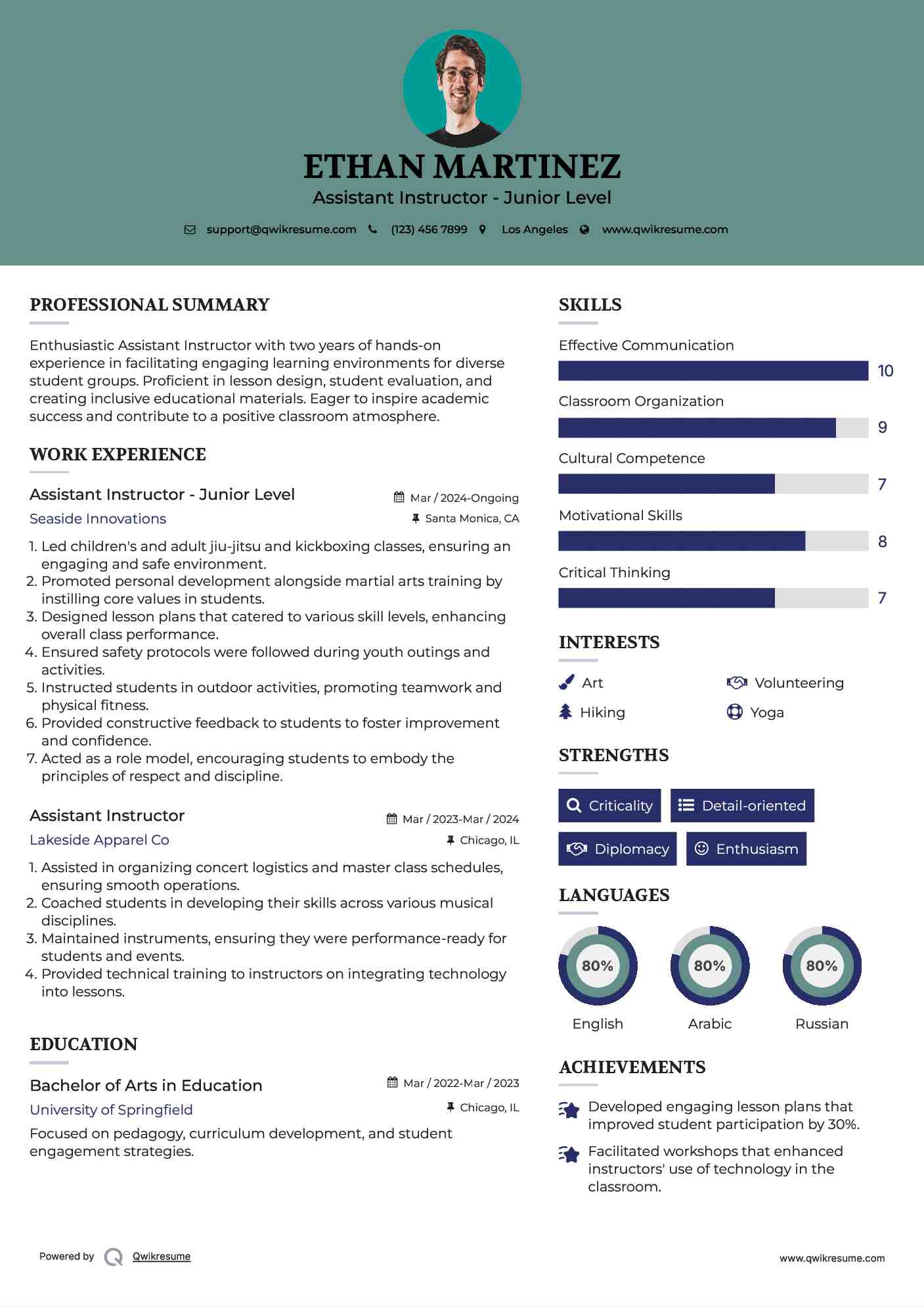 Assistant Instructor - Junior Level Resume Model
