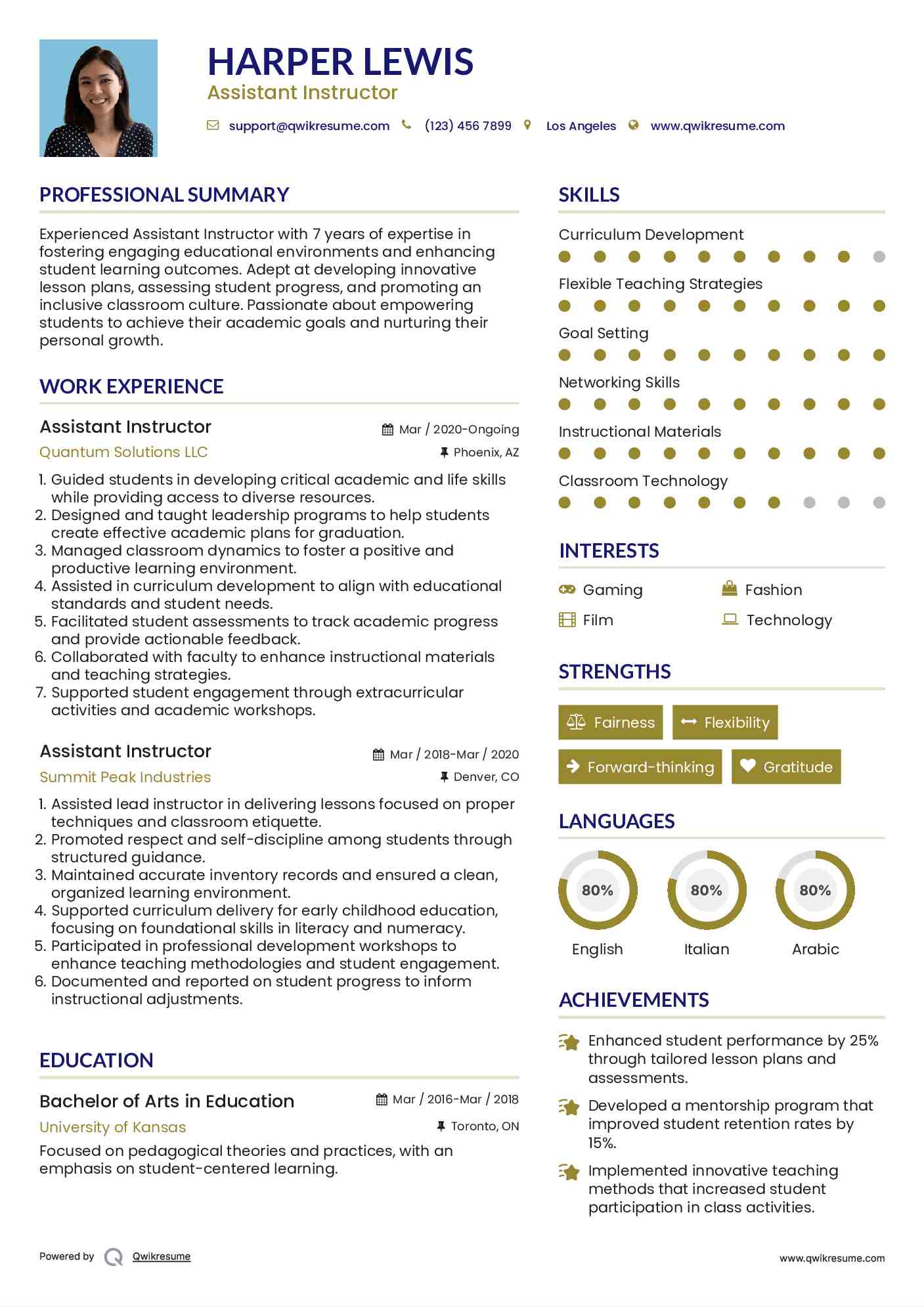 Assistant Instructor Resume Format