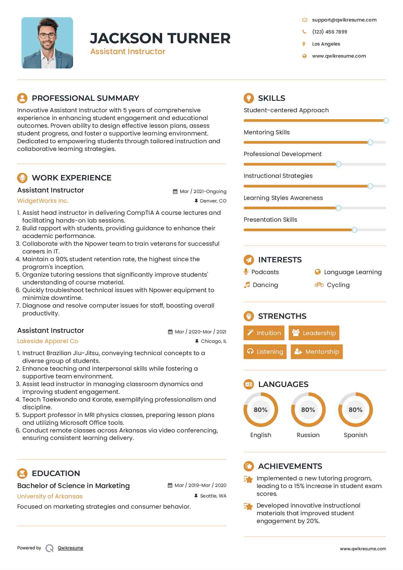 Assistant Instructor Resume Sample