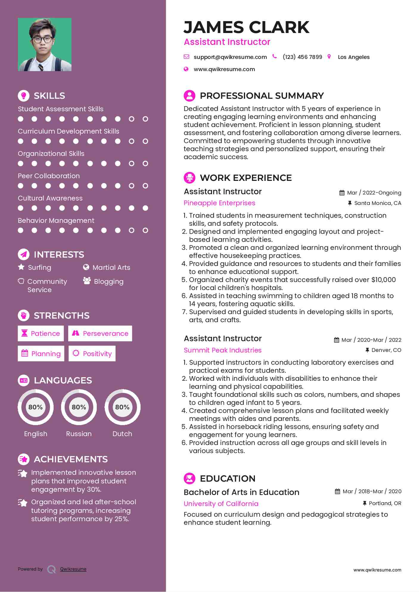 Assistant Instructor Resume Example