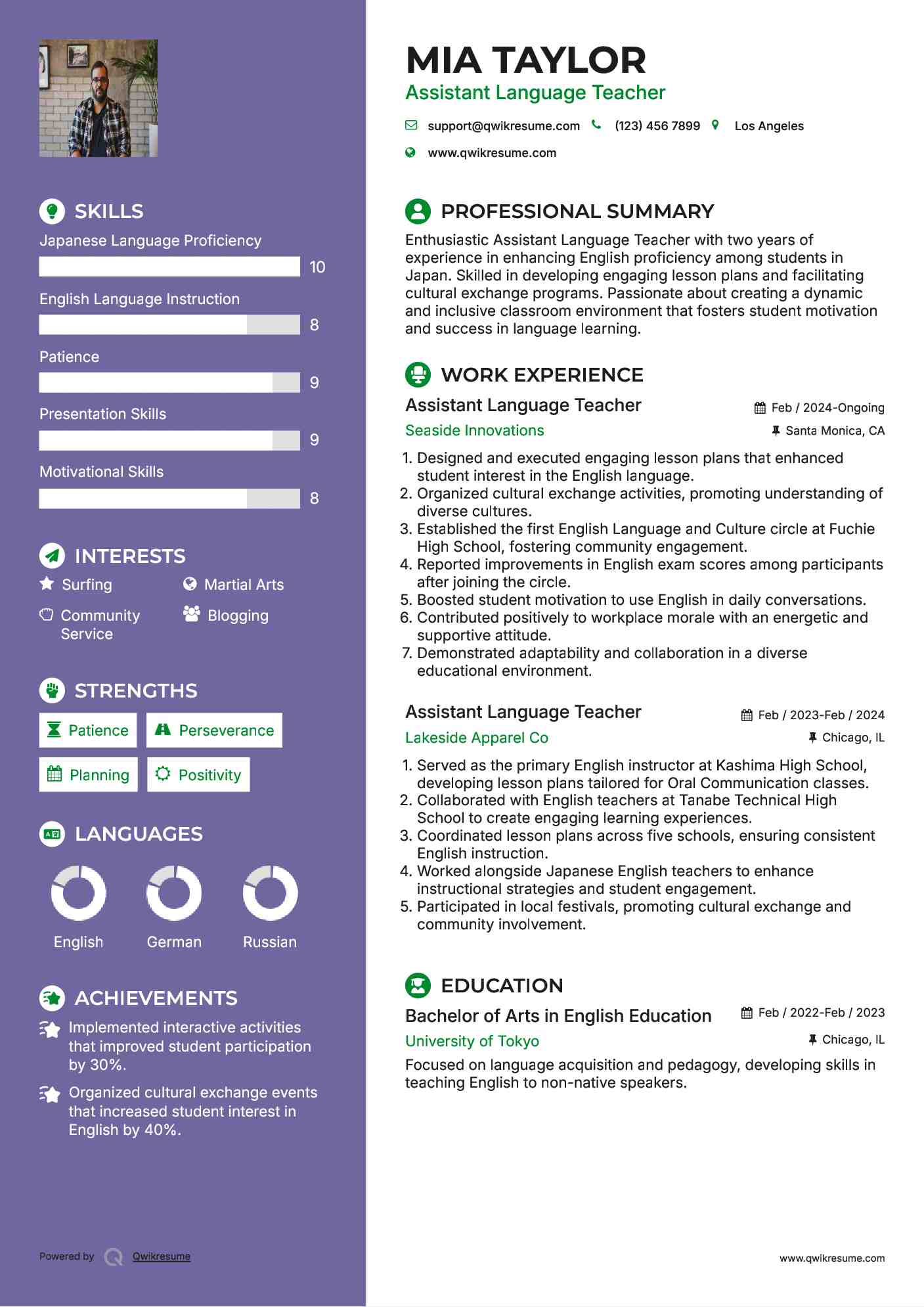 Assistant Language Teacher Resume Format