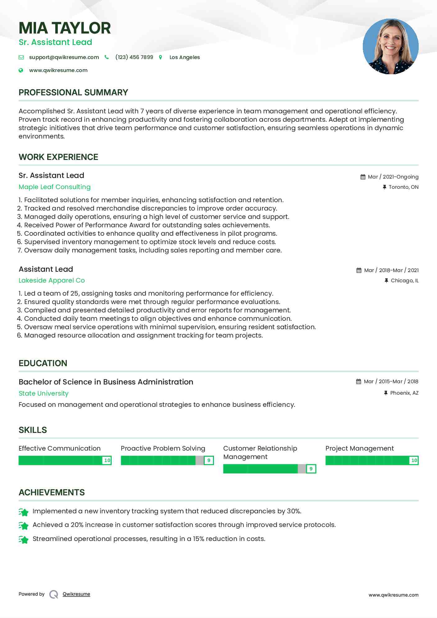 Sr. Assistant Lead Resume Model