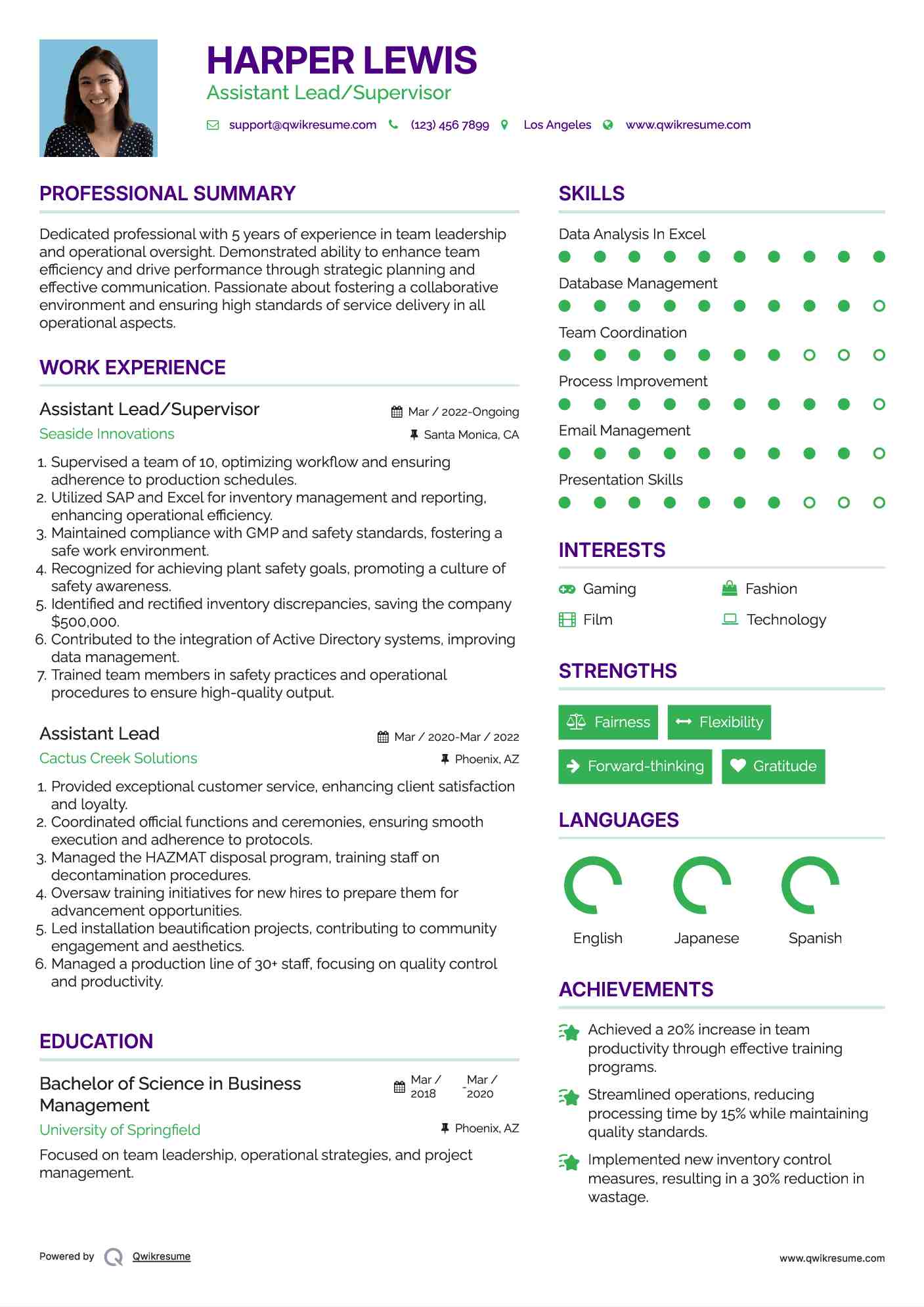 Assistant Lead/Supervisor Resume Example
