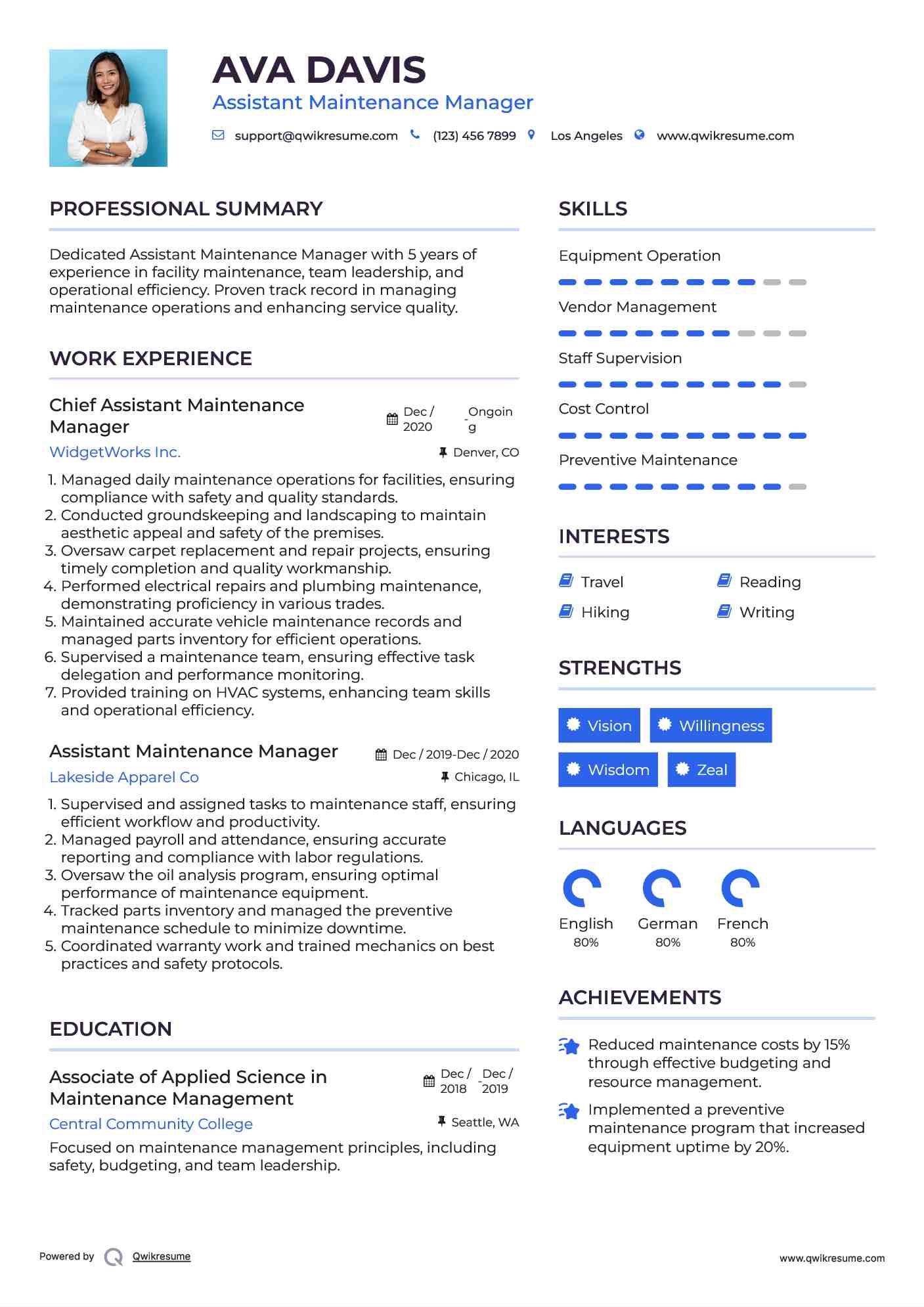Chief Assistant Maintenance Manager Resume Example