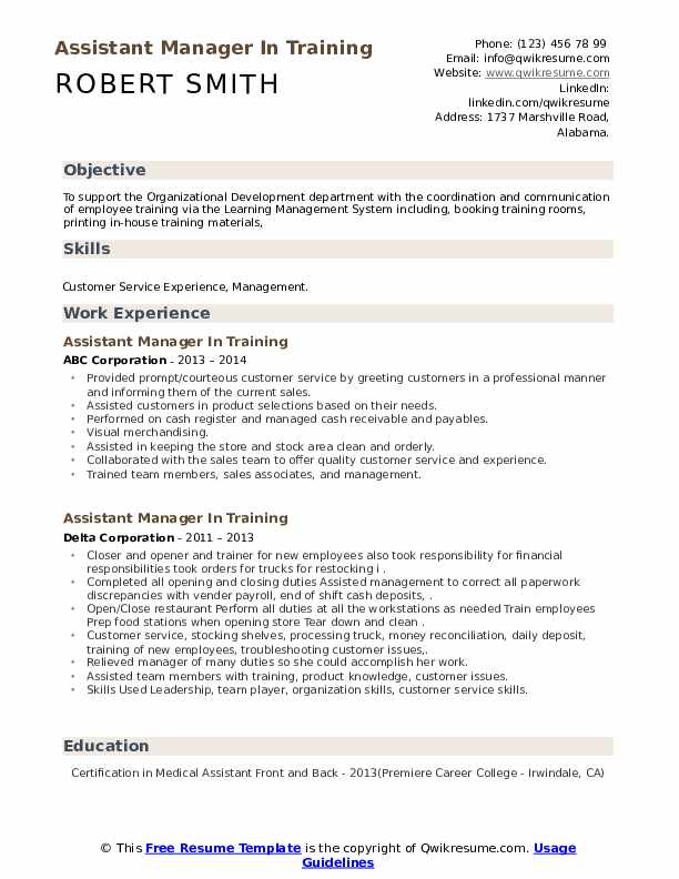 Assistant Manager In Training Resume Samples QwikResume