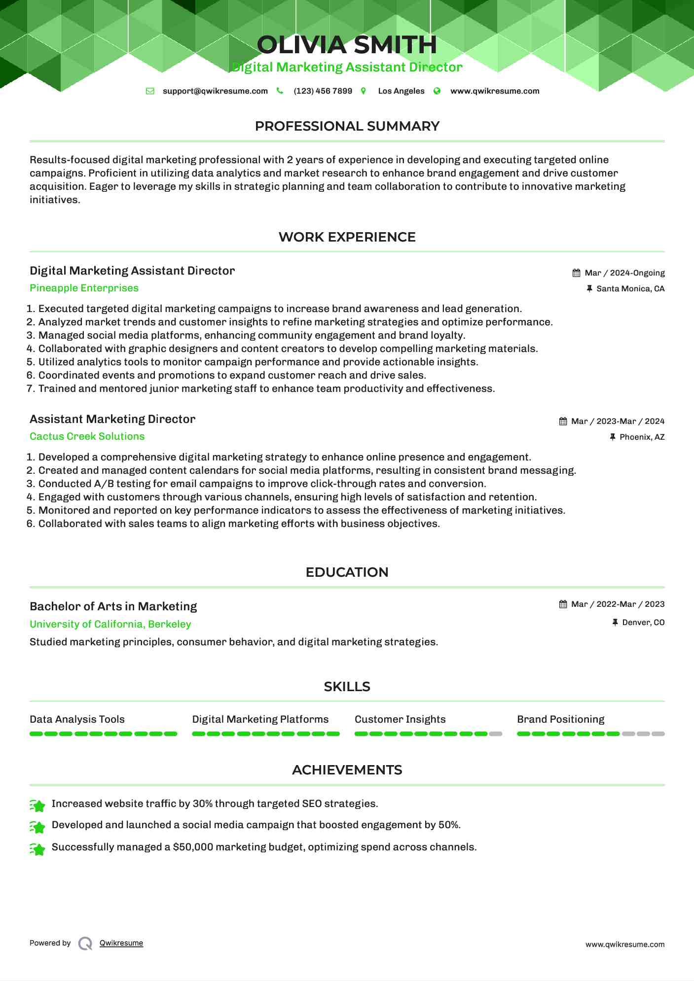 Digital Marketing Assistant Director Resume Model