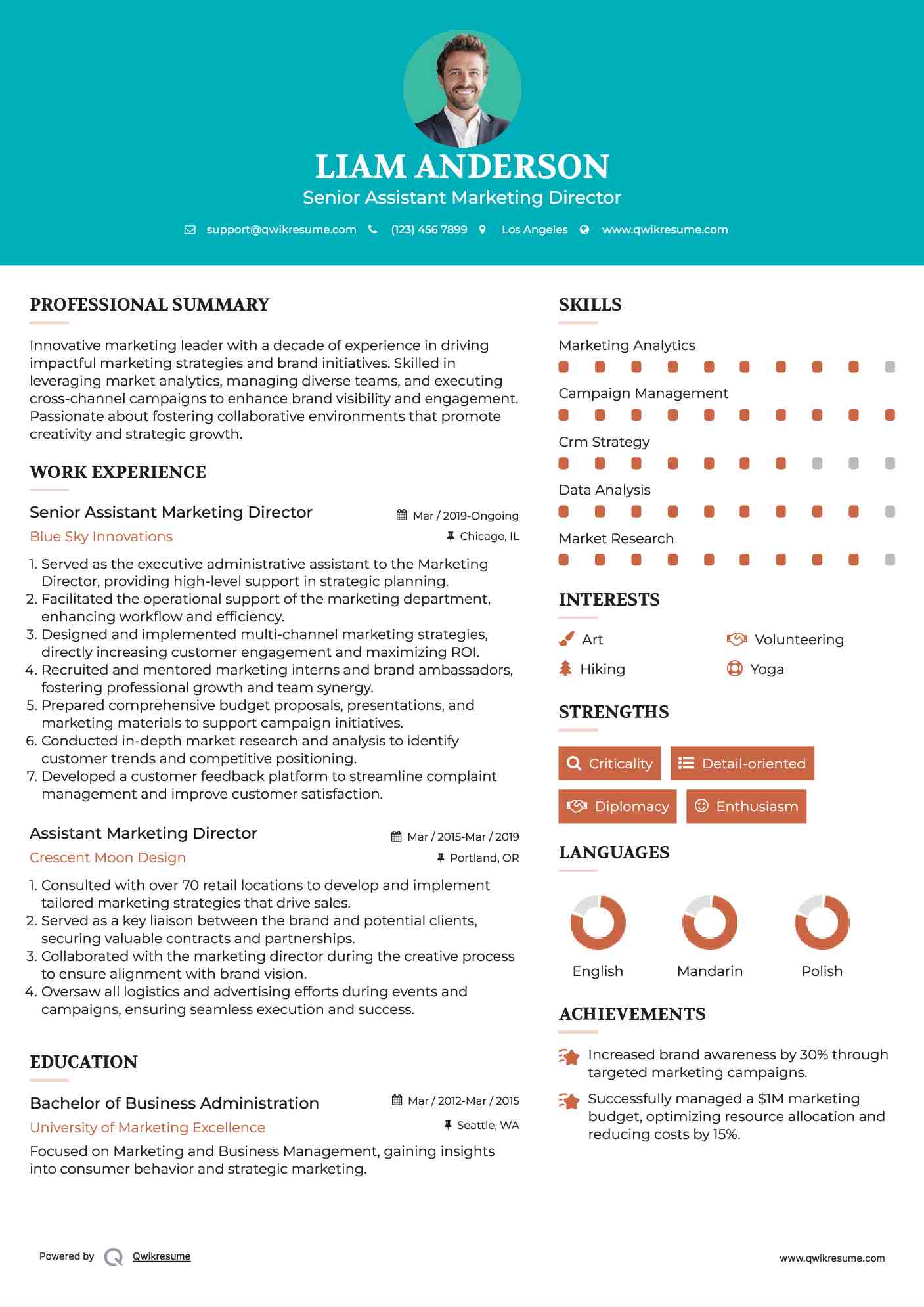 Senior Assistant Marketing Director Resume Example