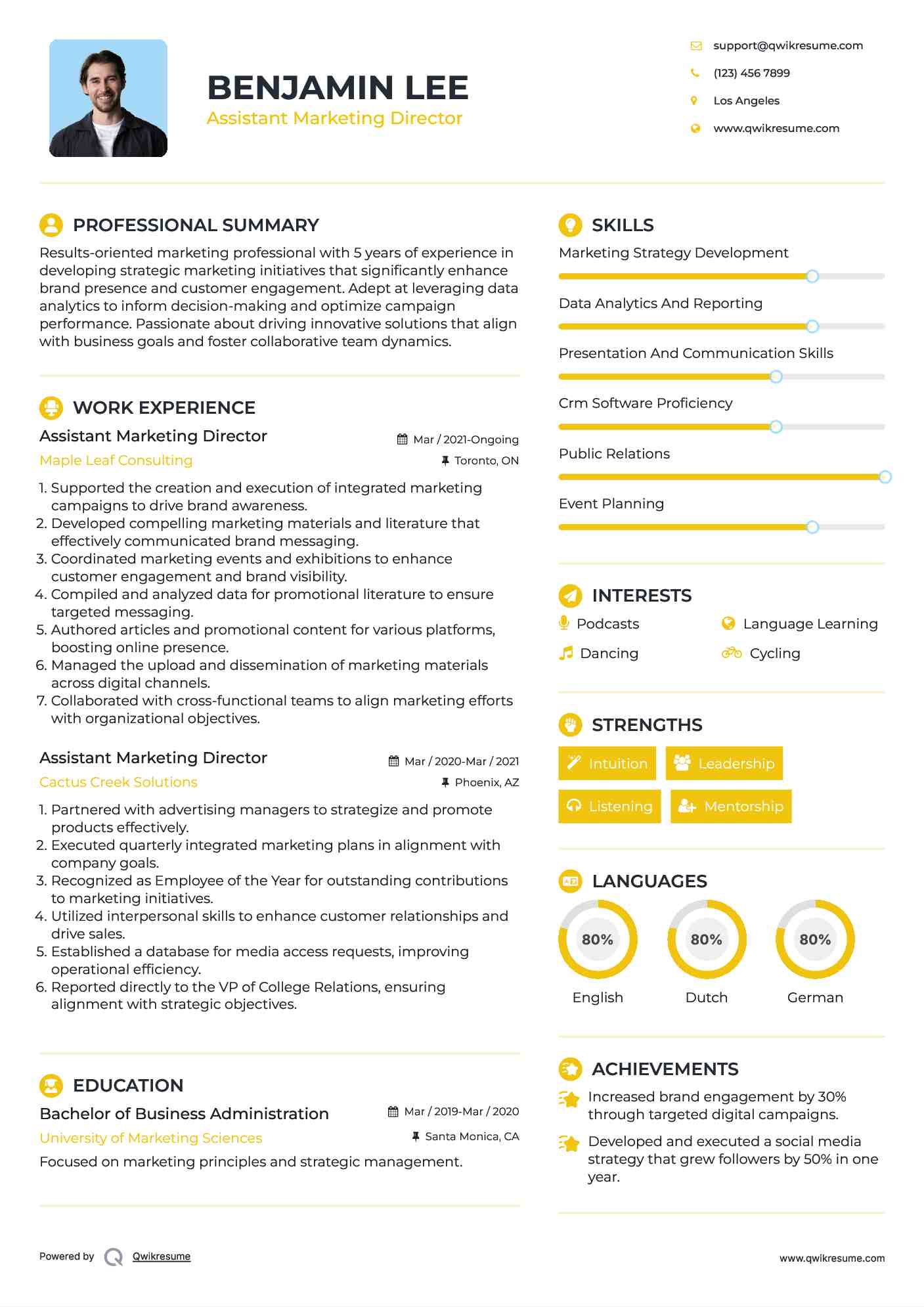 Assistant Marketing Director Resume Example