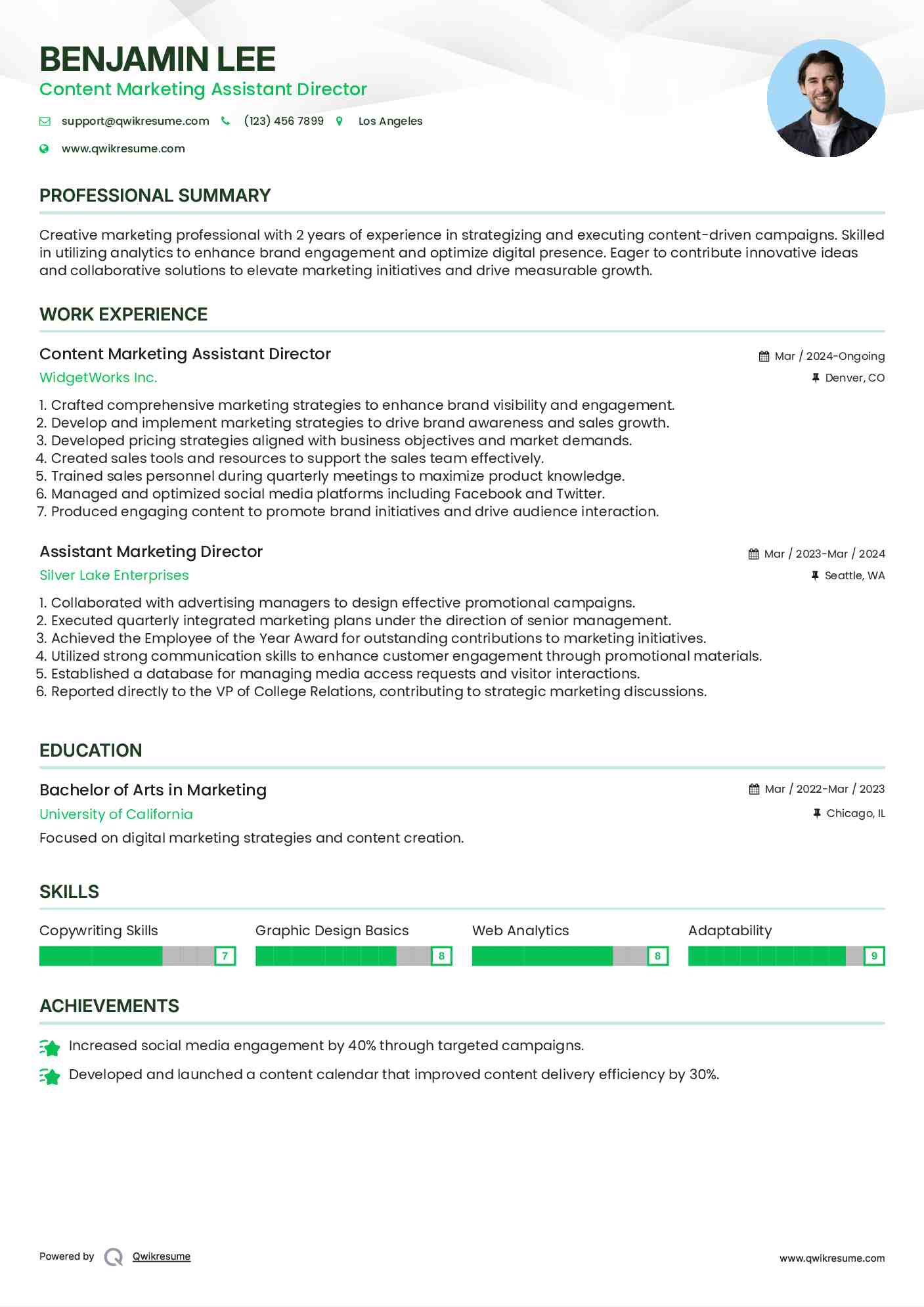 Content Marketing Assistant Director Resume Format