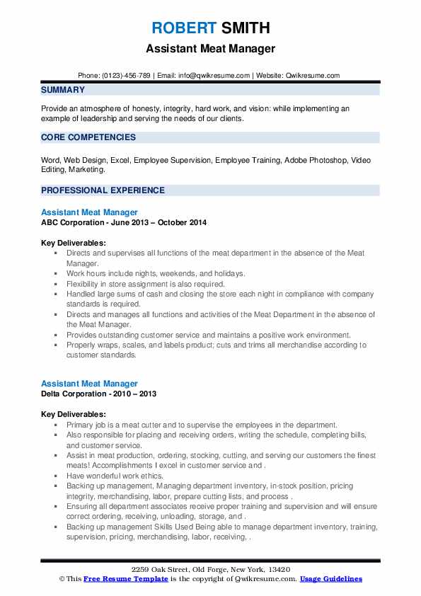 Assistant Meat Manager Resume Samples QwikResume