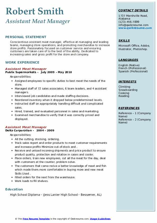 Assistant Meat Manager Resume Samples QwikResume