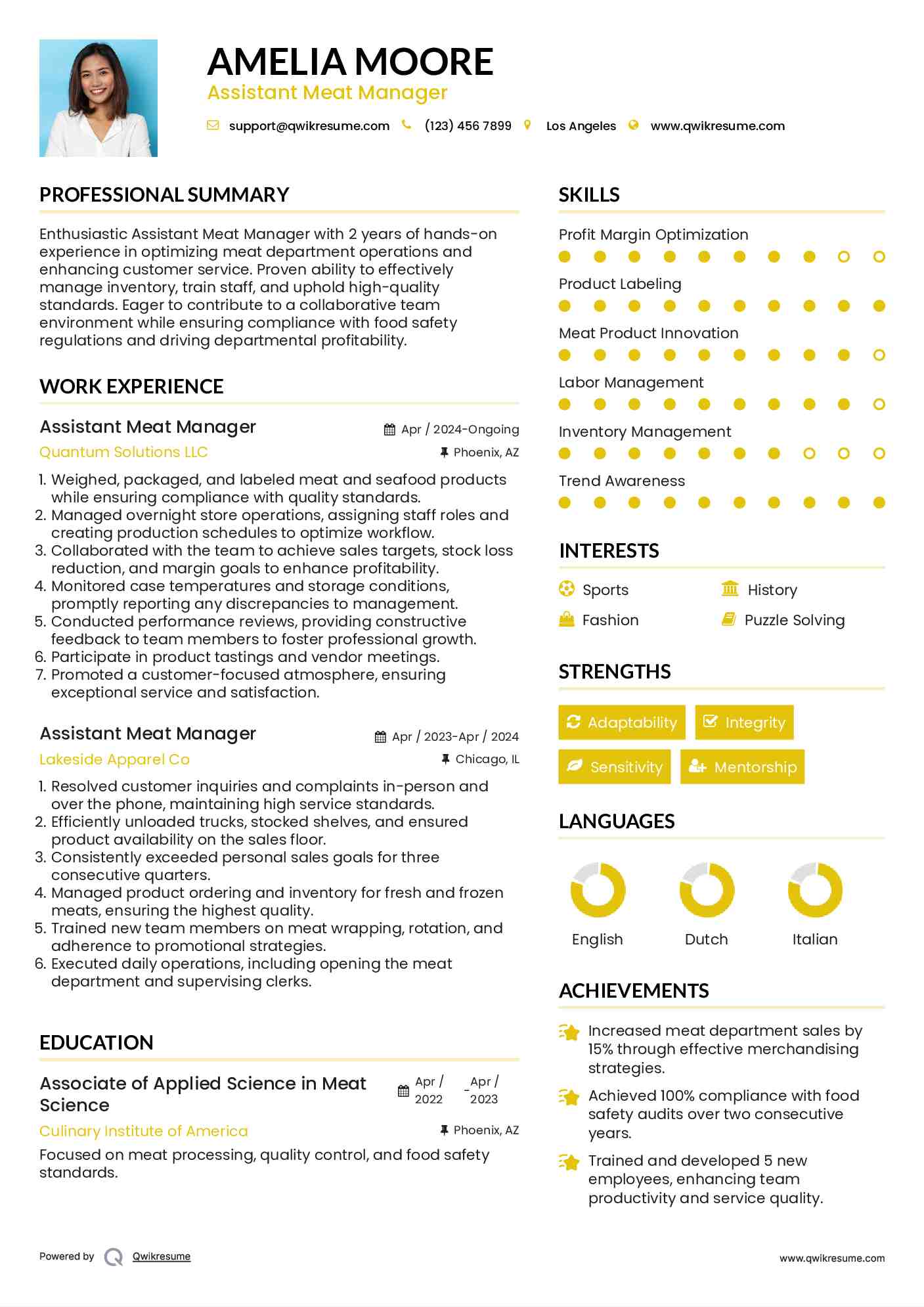 Assistant Meat Manager Resume Example