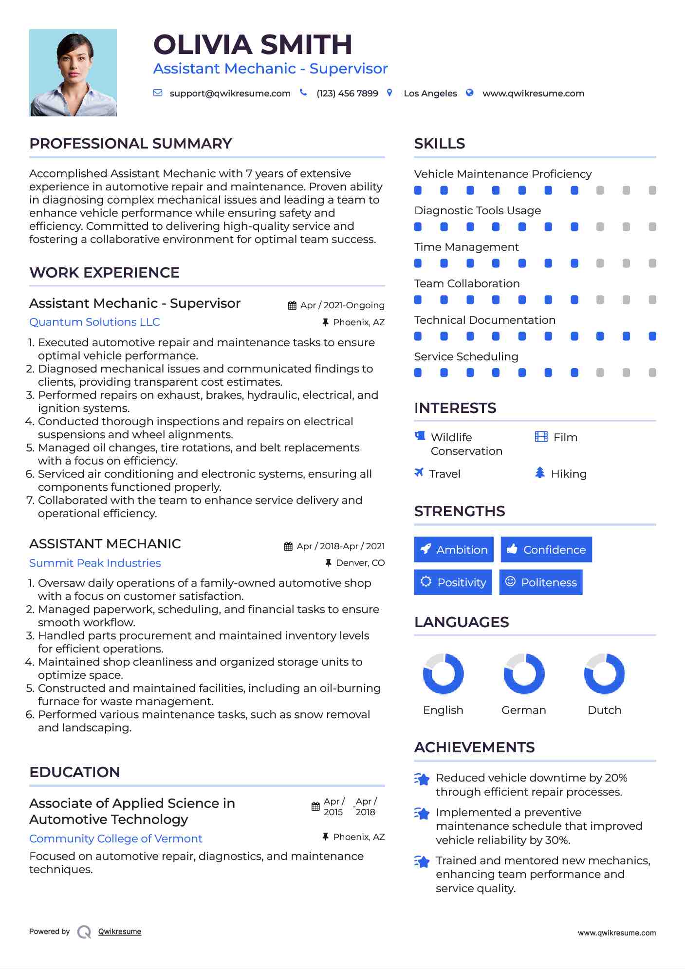 Assistant Mechanic - Supervisor Resume Model