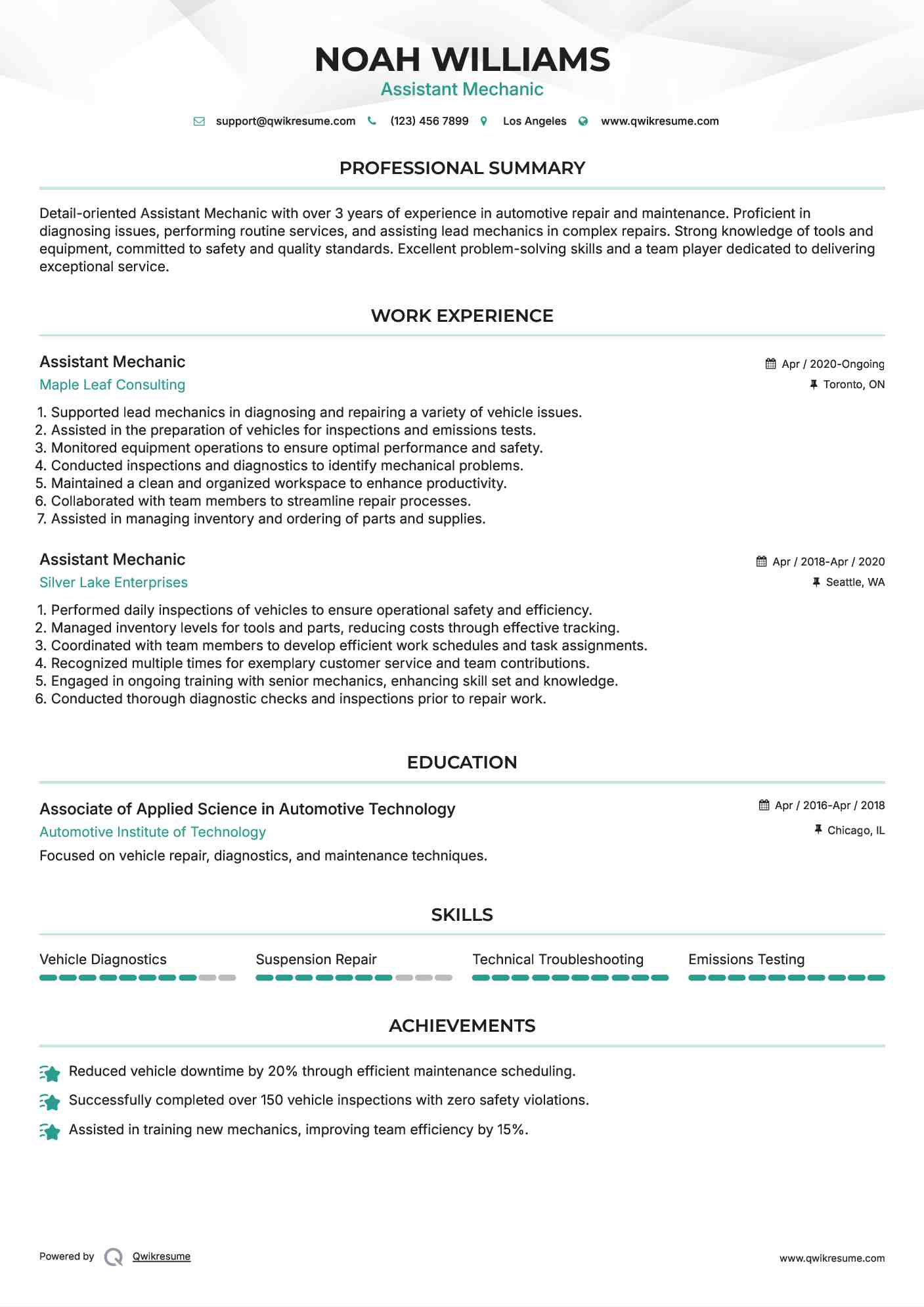 Assistant Mechanic Resume Example