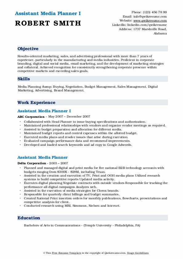 Assistant Media Planner Resume Samples QwikResume