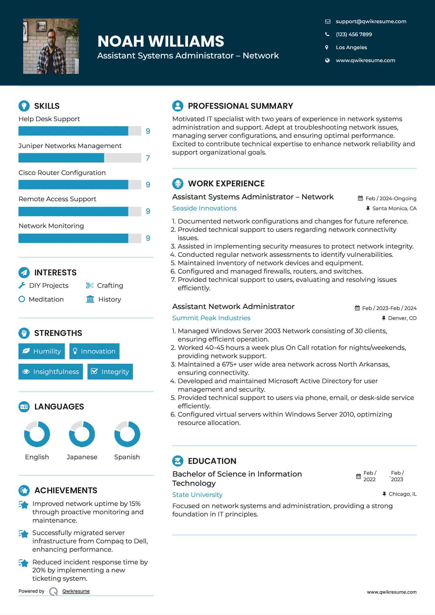 Assistant Systems Administrator – Network
 Resume Example