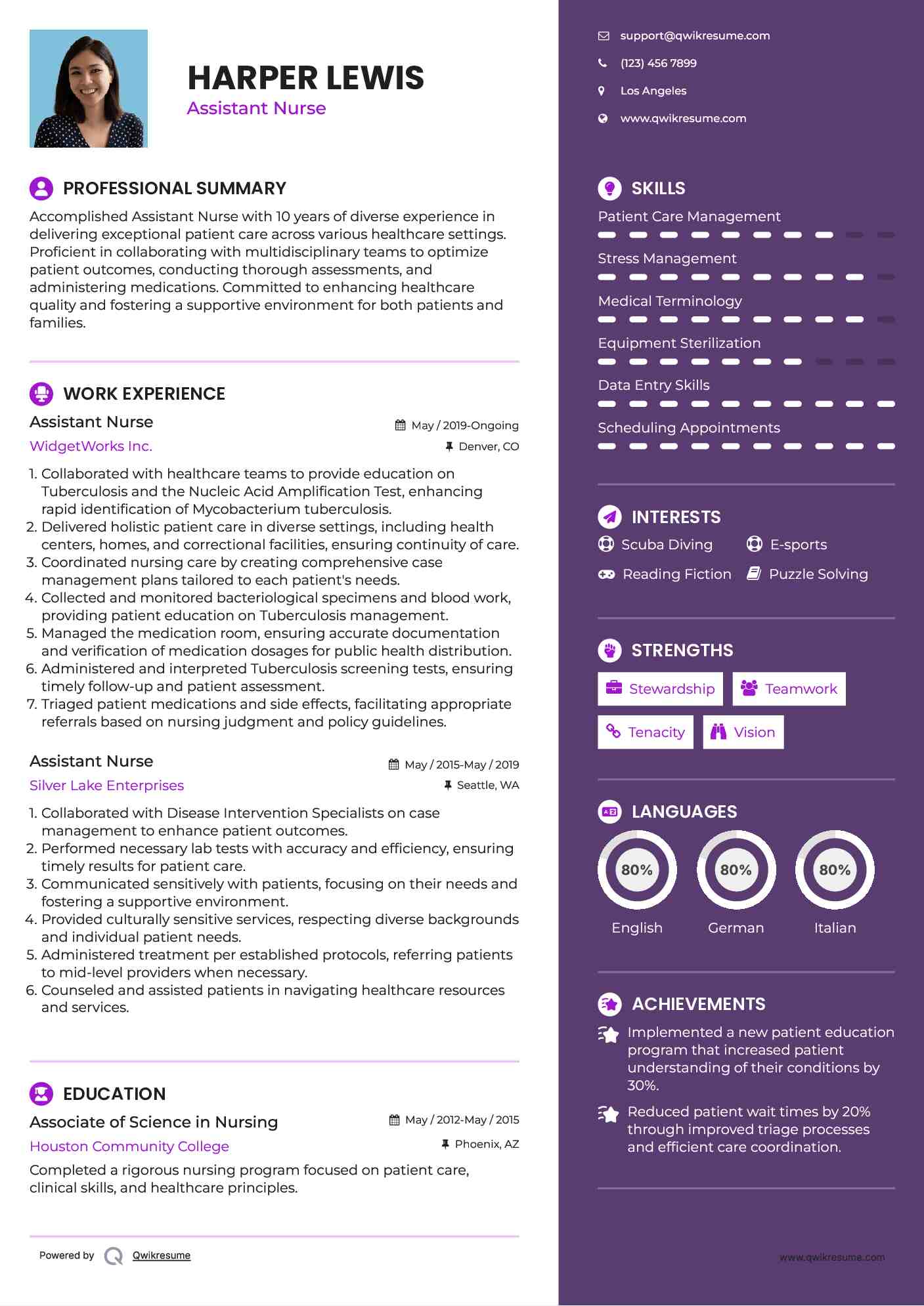 Assistant Nurse Resume Example