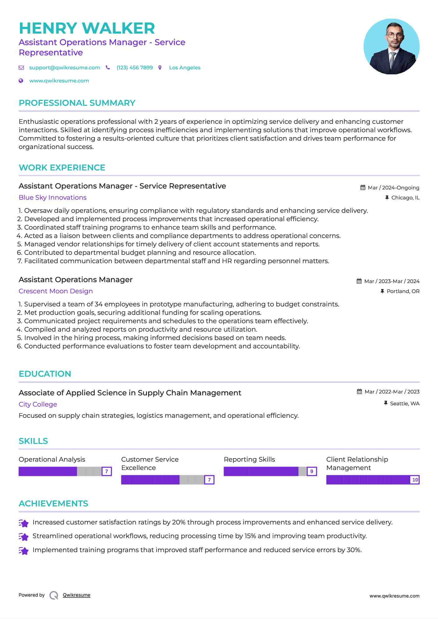 Assistant Operations Manager - Service Representative Resume Model