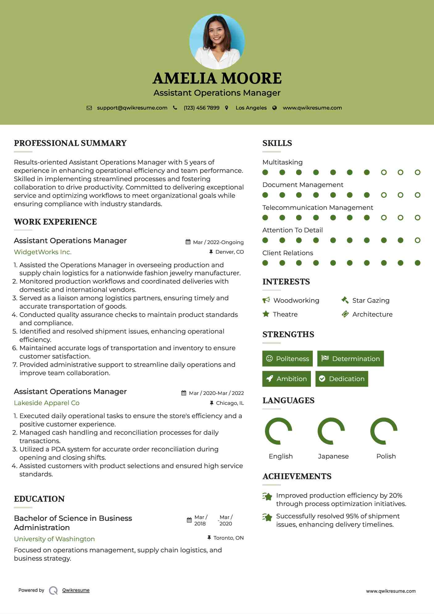 Assistant Operations Manager Resume Example