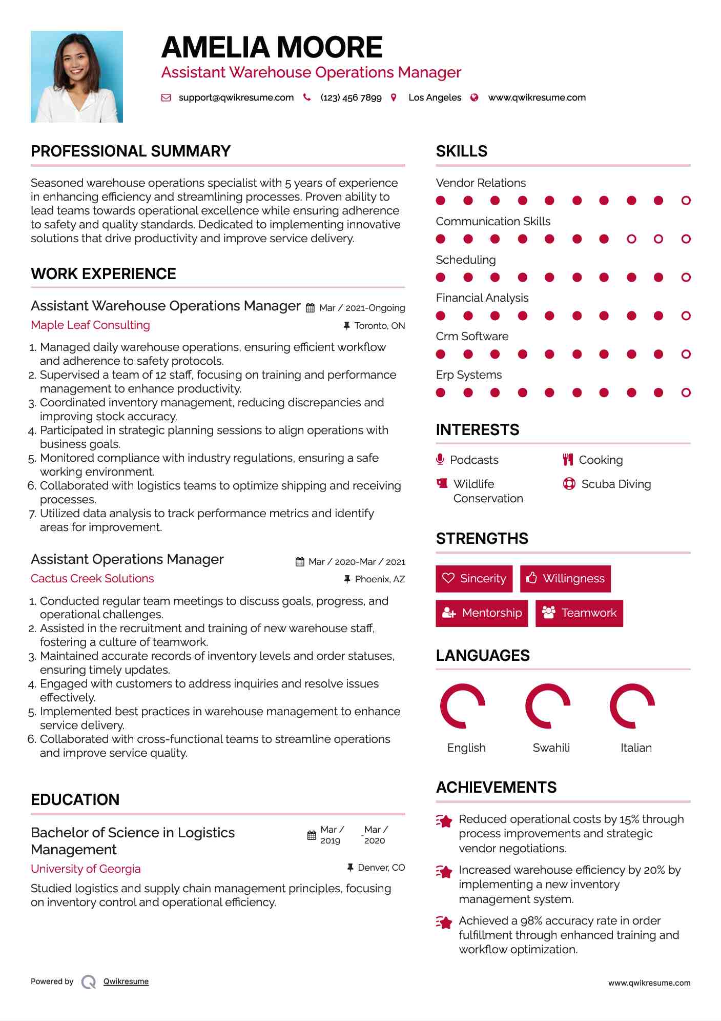 Assistant Warehouse Operations Manager
 Resume Sample