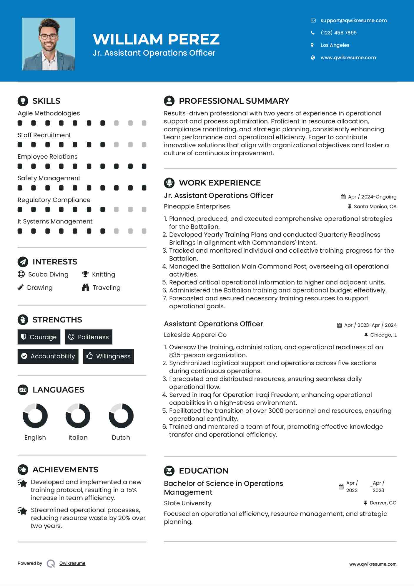 Jr. Assistant Operations Officer Resume Model