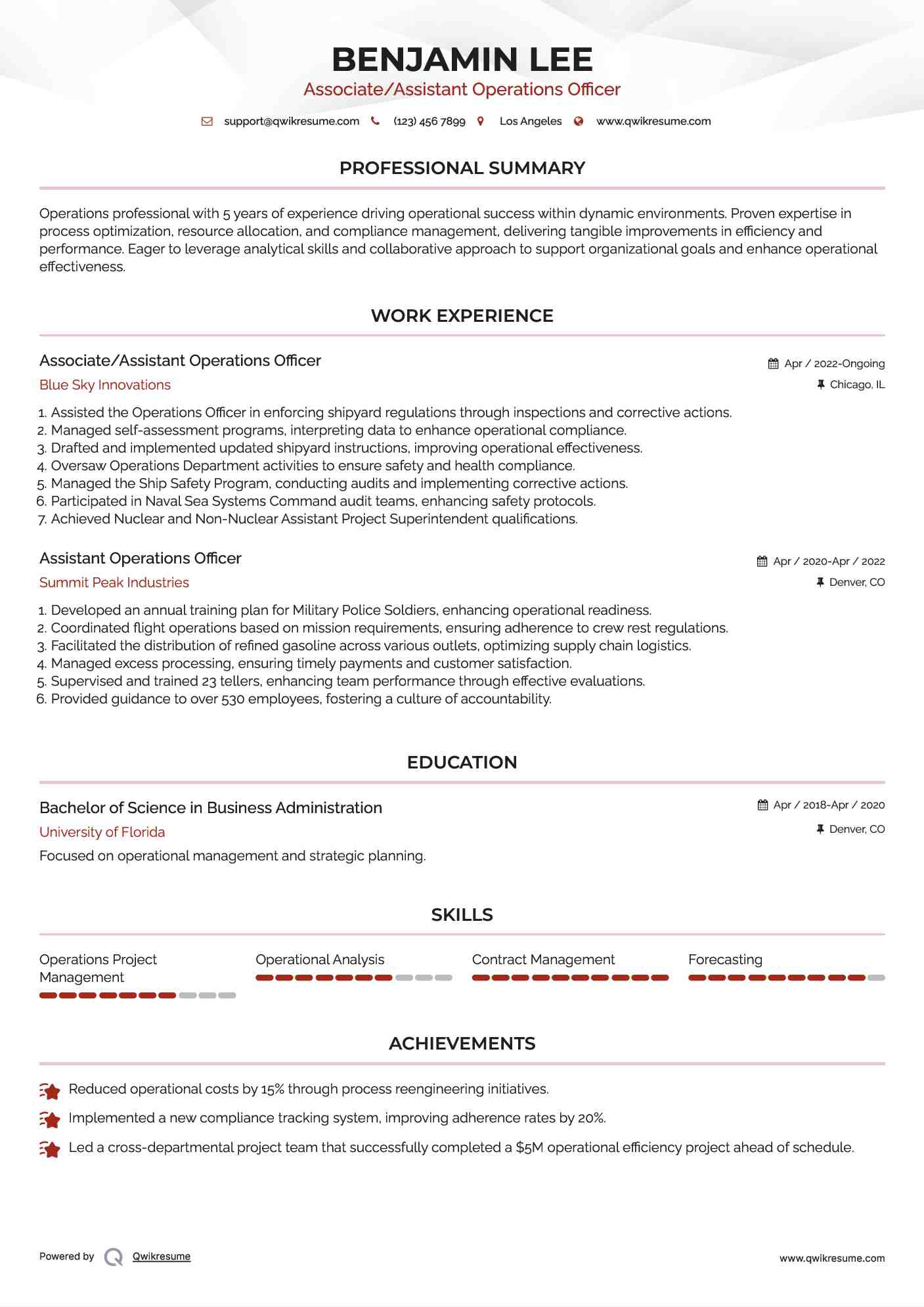 Associate/Assistant Operations Officer Resume Example