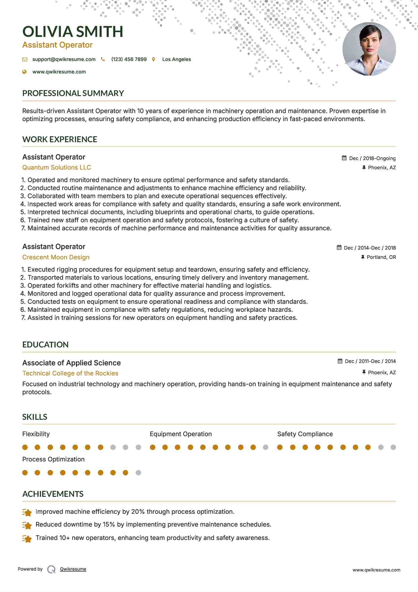 Assistant Operator Resume Example