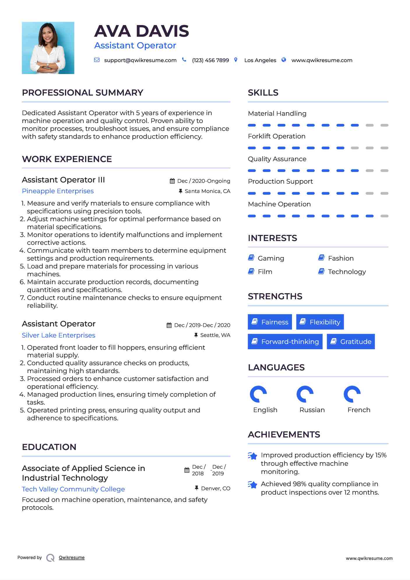 Assistant Operator III Resume Model