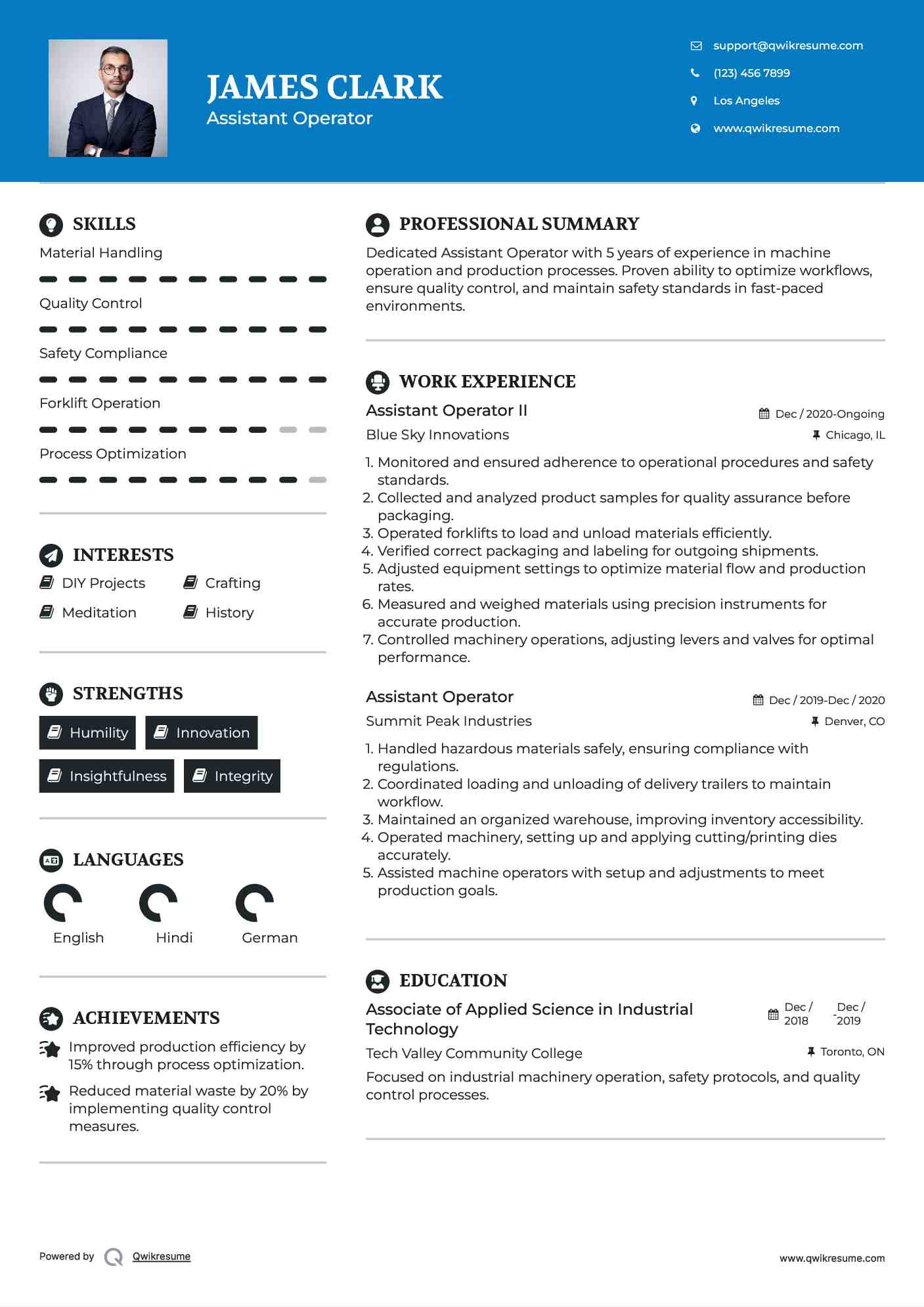 Assistant Operator II Resume Format