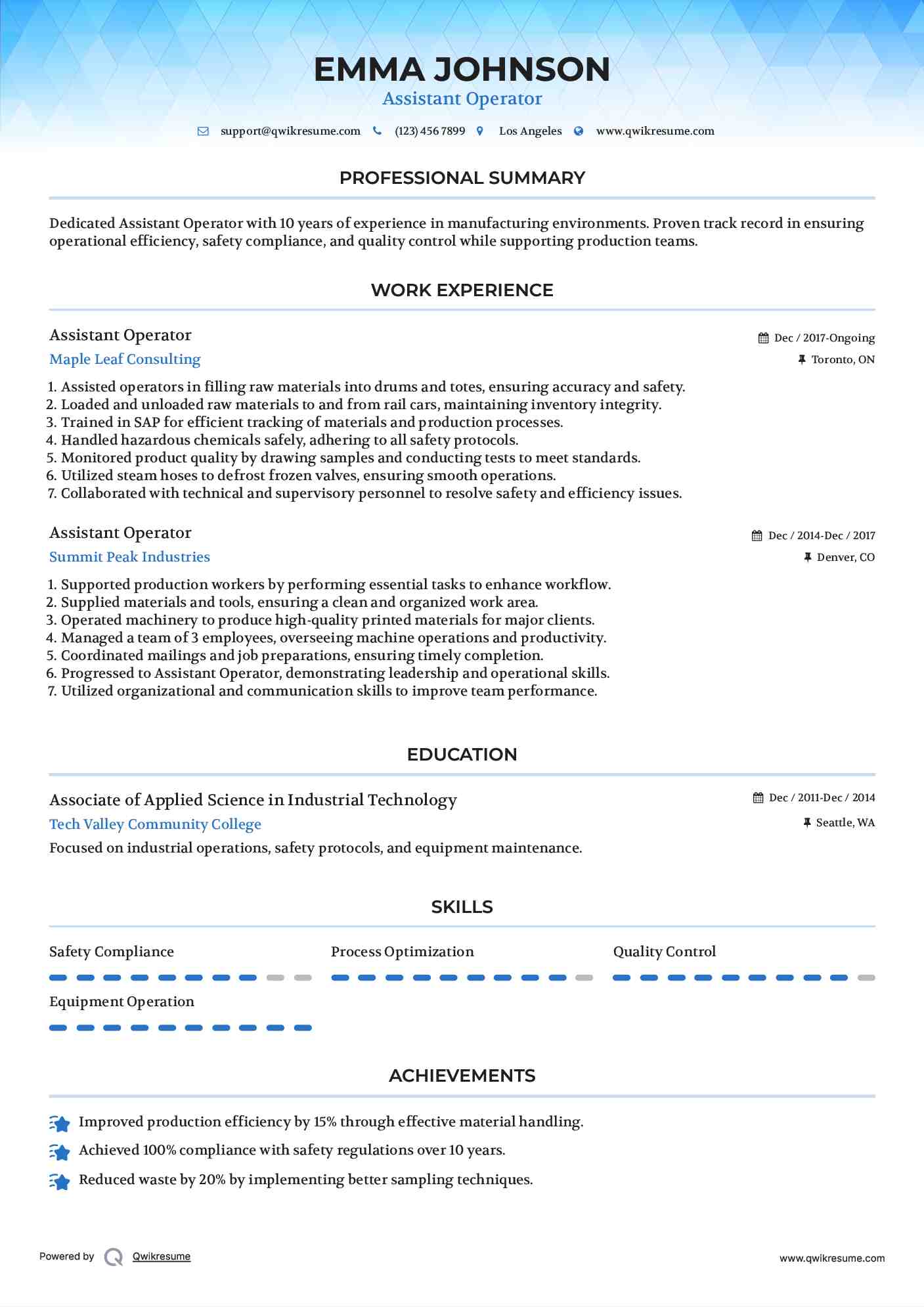 Assistant Operator Resume Format