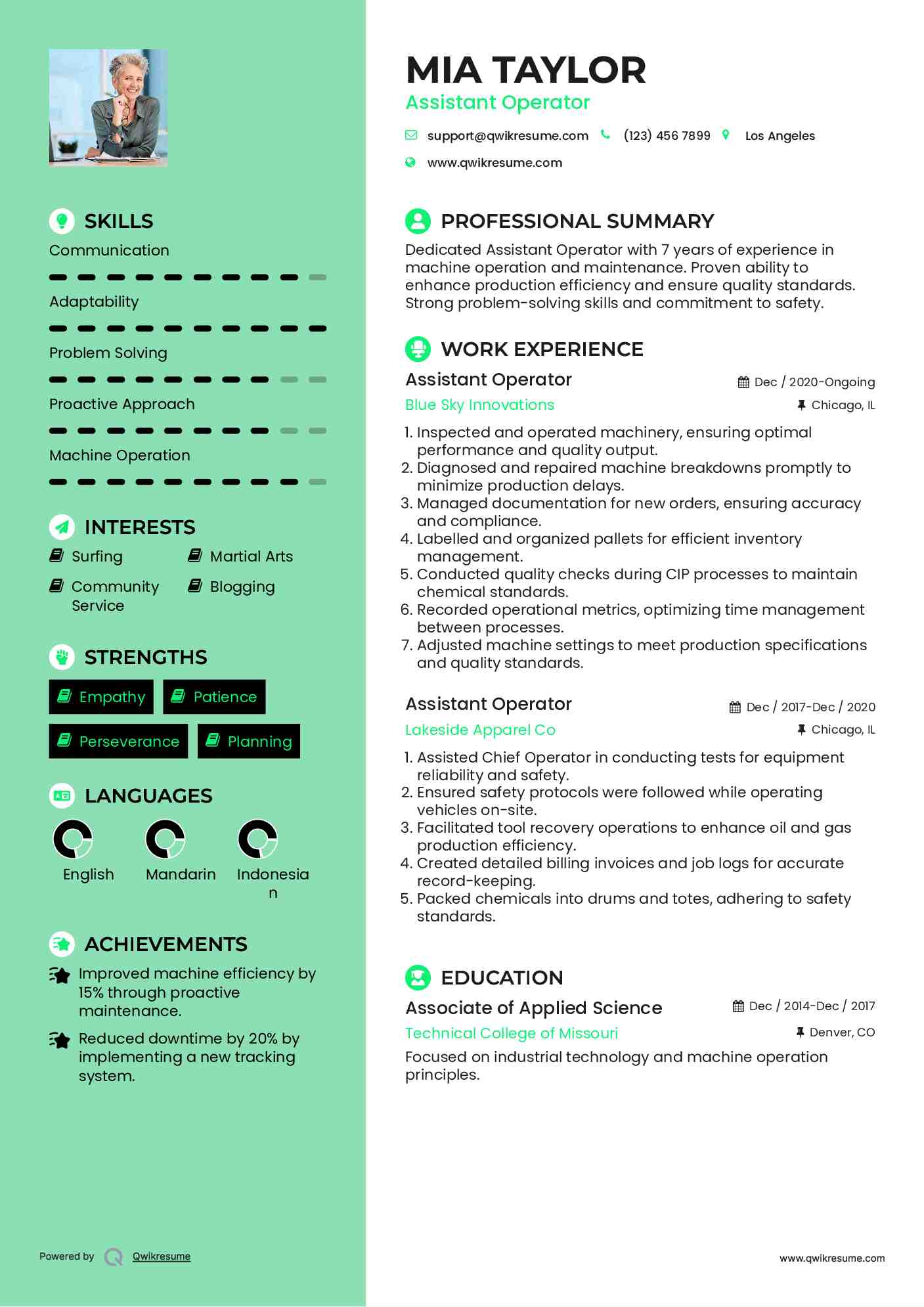 Assistant Operator Resume Format