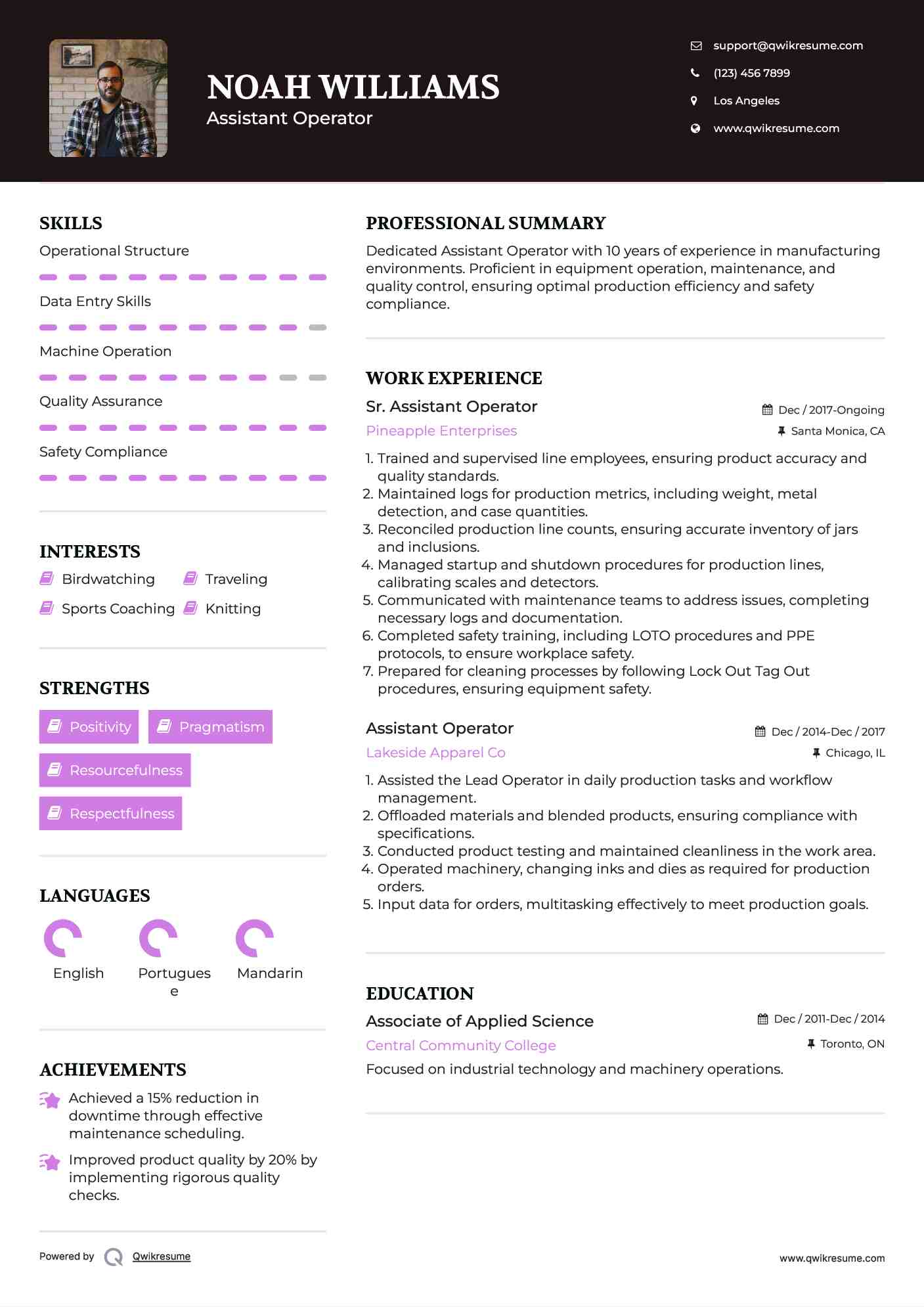 Sr. Assistant Operator Resume Format