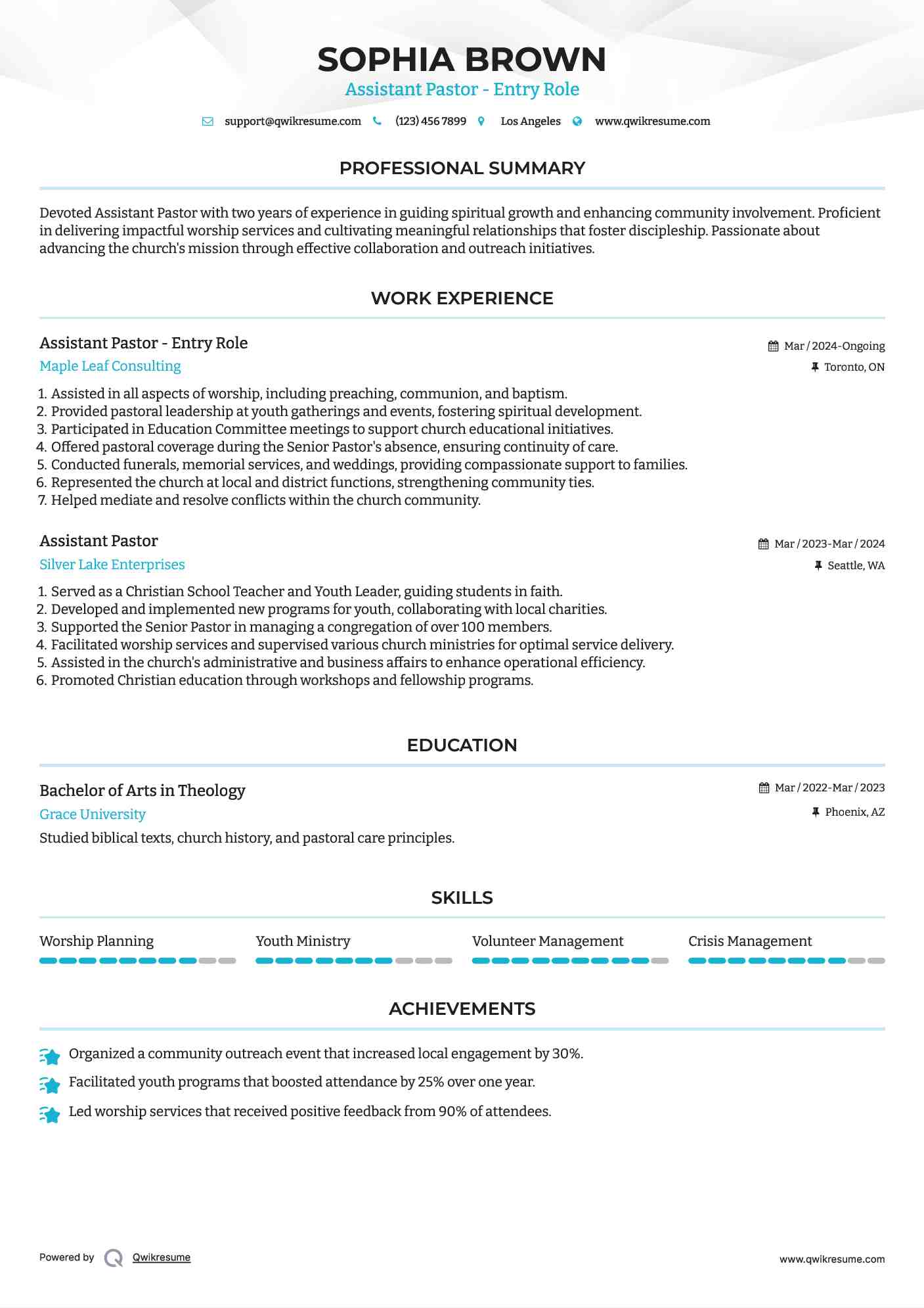 Assistant Pastor - Entry Role Resume Template
