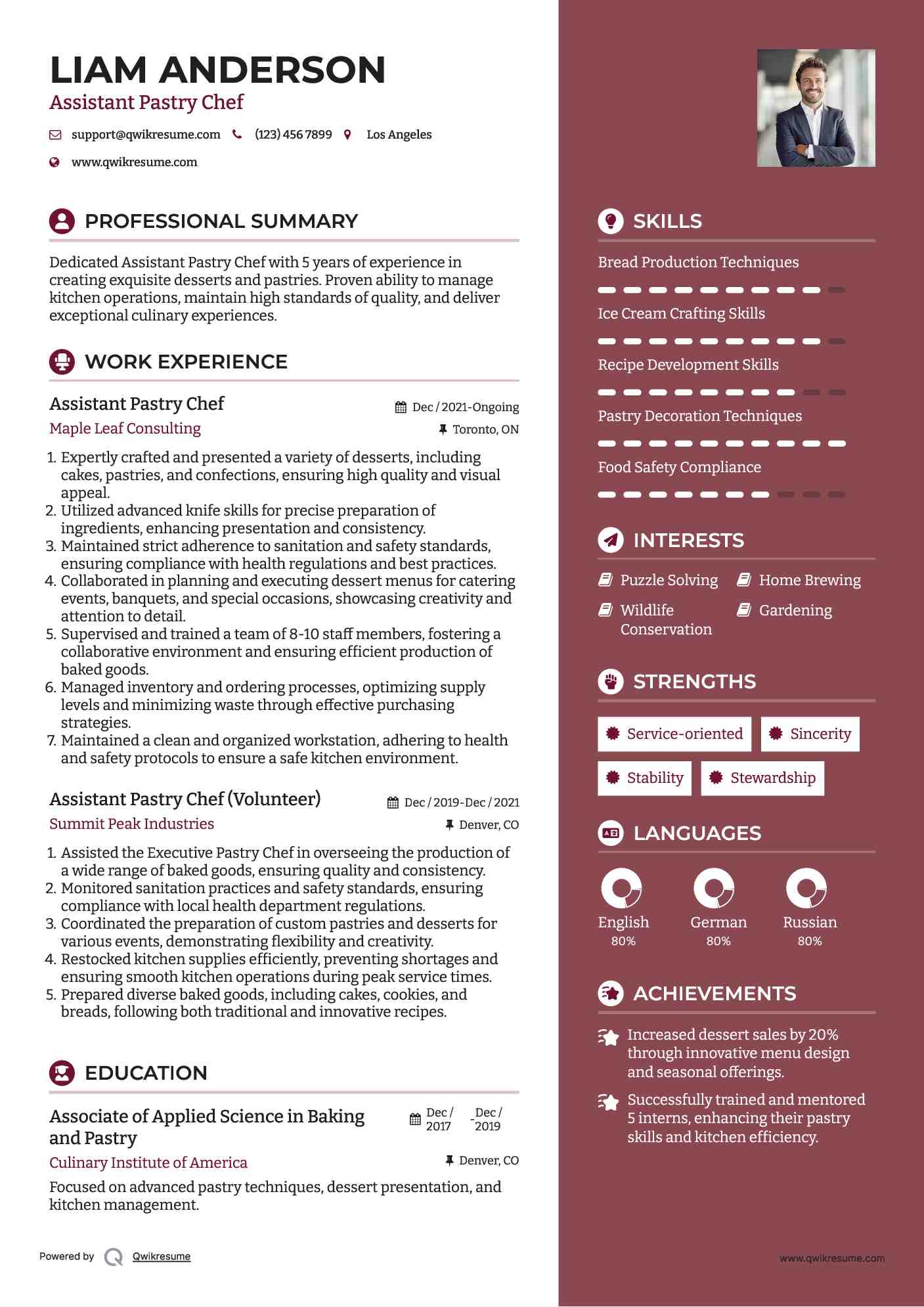 Pastry Chef Resume Sample