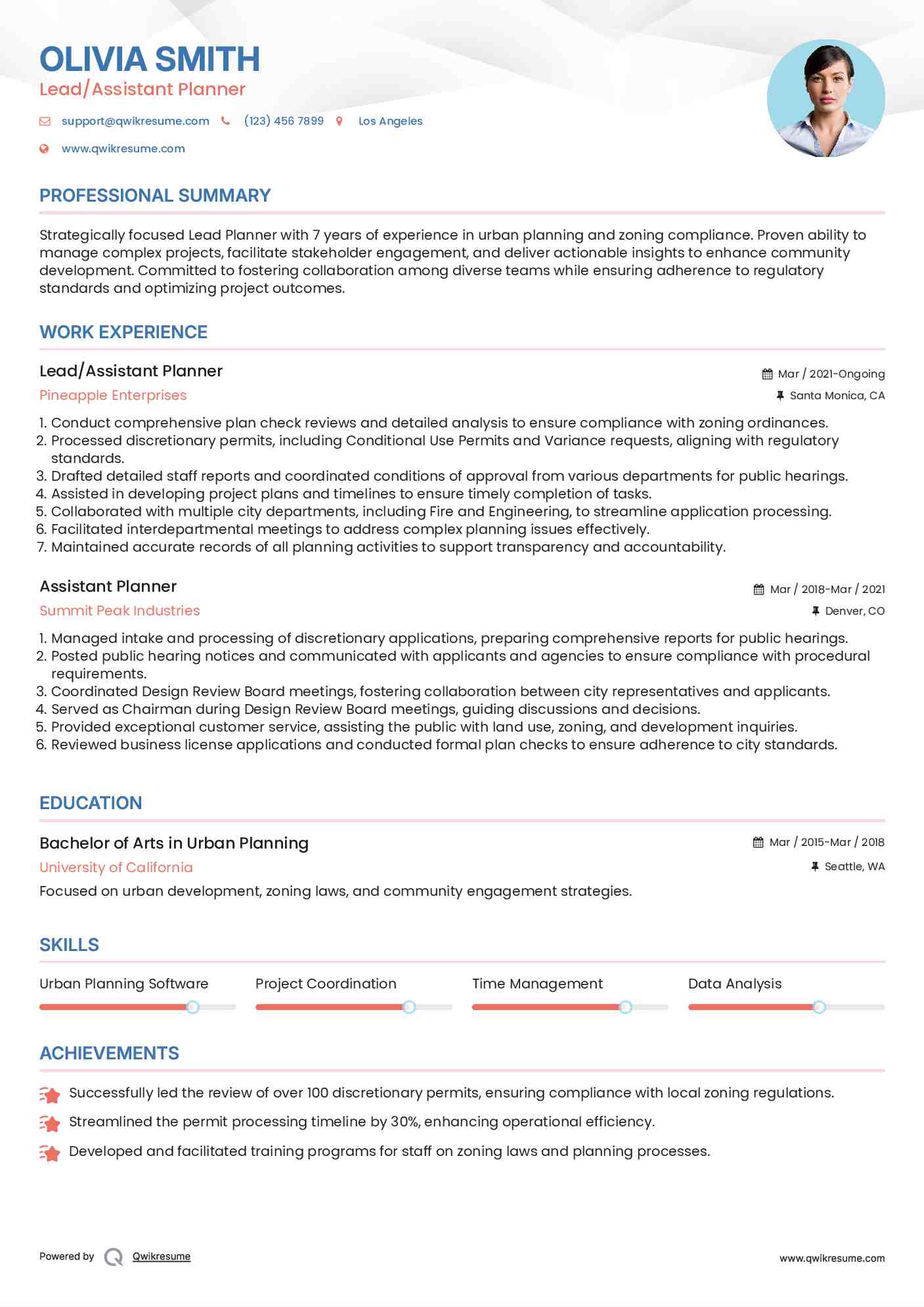 Lead/Assistant Planner Resume Format