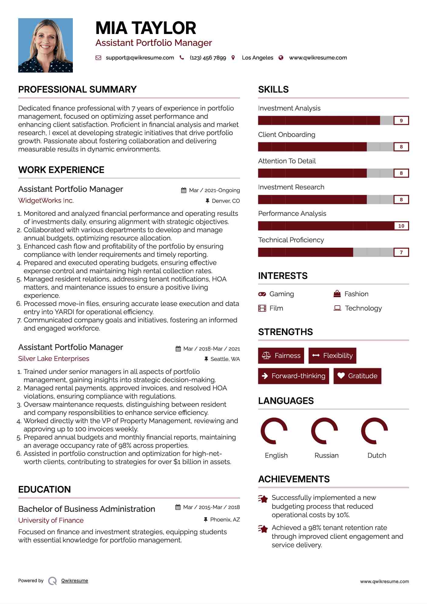 Assistant Portfolio Manager Resume Template