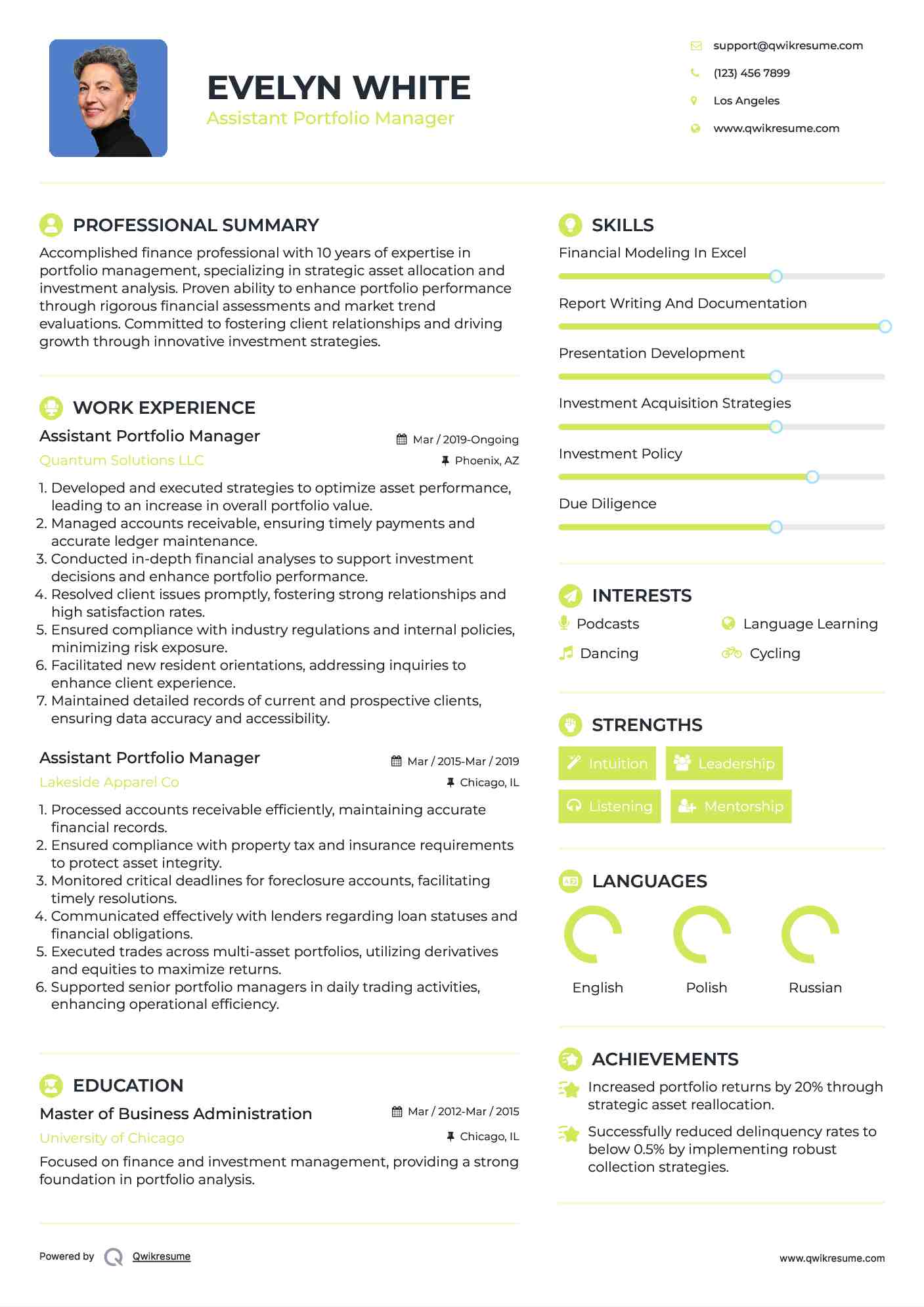 Assistant Portfolio Manager Resume Sample