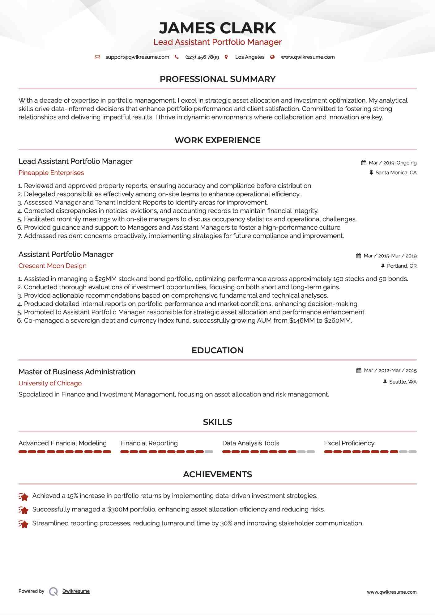 Lead Assistant Portfolio Manager Resume Template