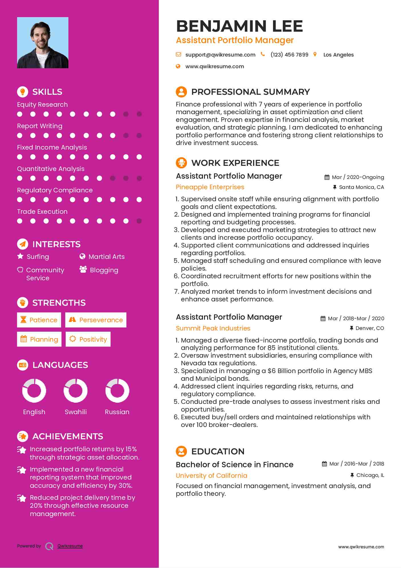 Assistant Portfolio Manager Resume Format