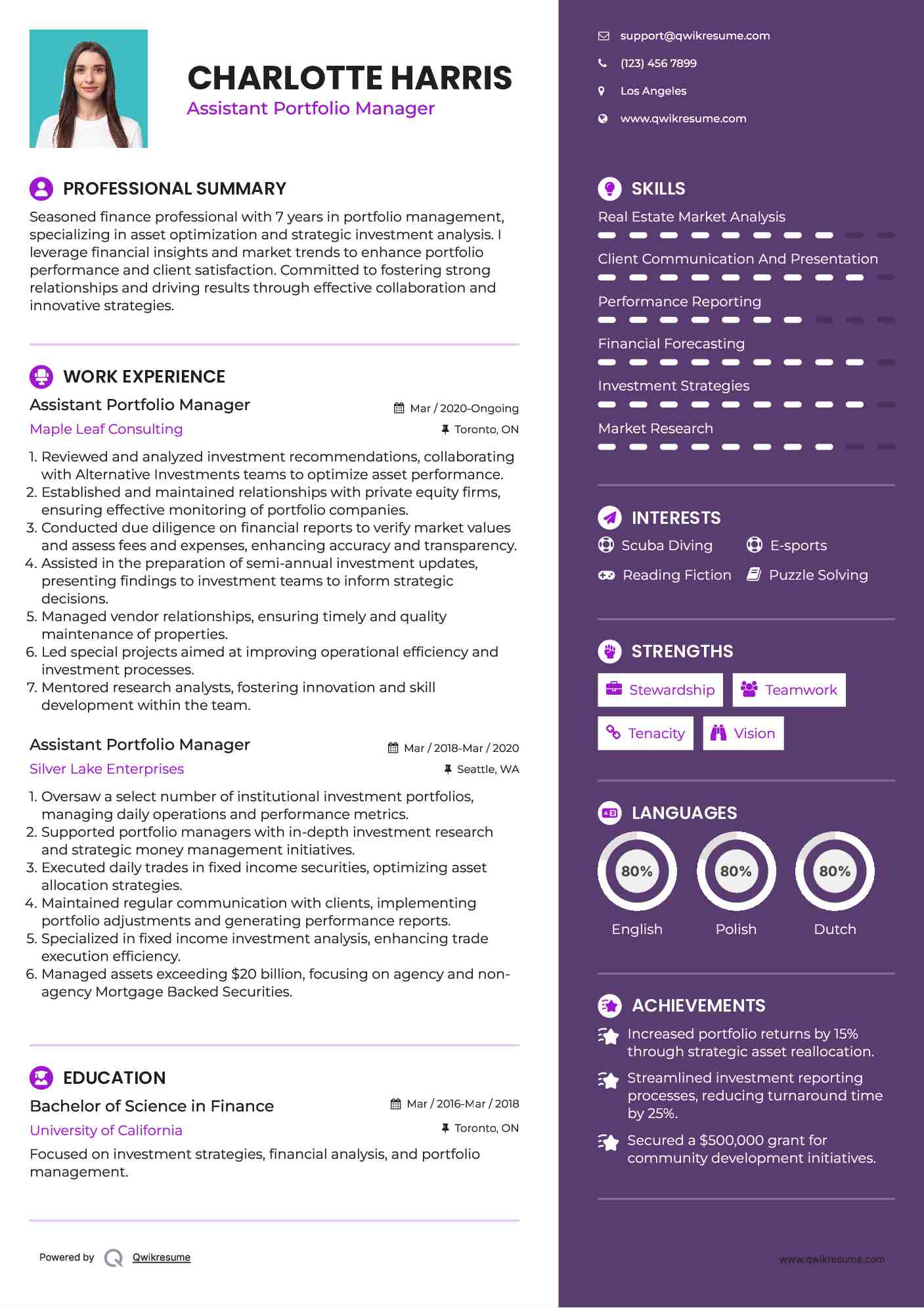 Assistant Portfolio Manager Resume Sample