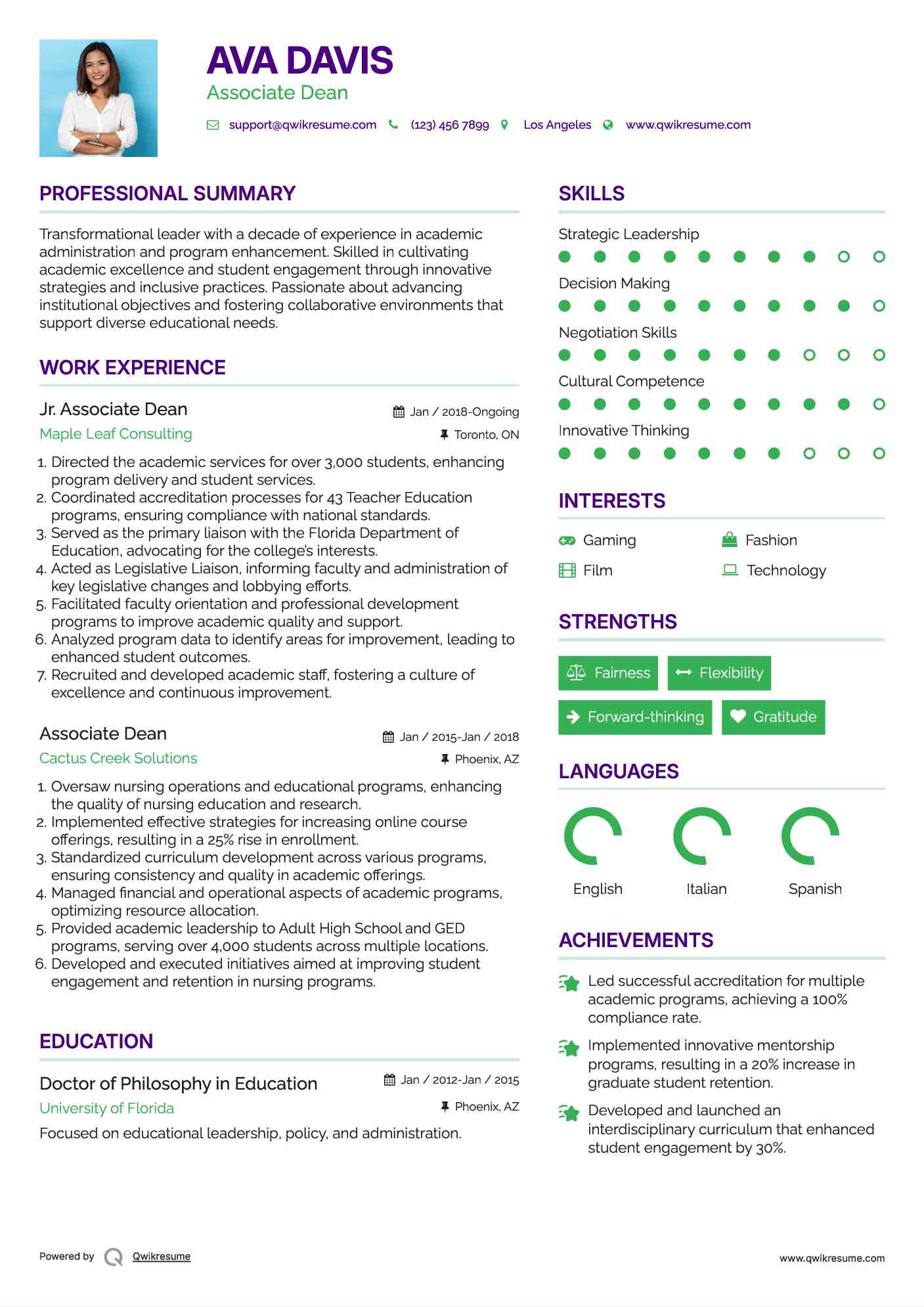 Jr. Associate Dean Resume Model