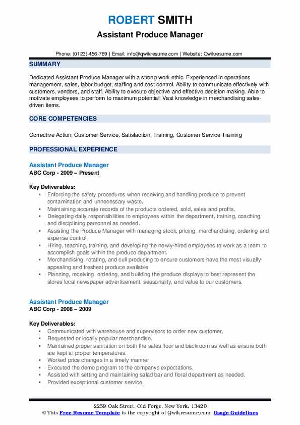 Assistant Produce Manager Resume Samples QwikResume