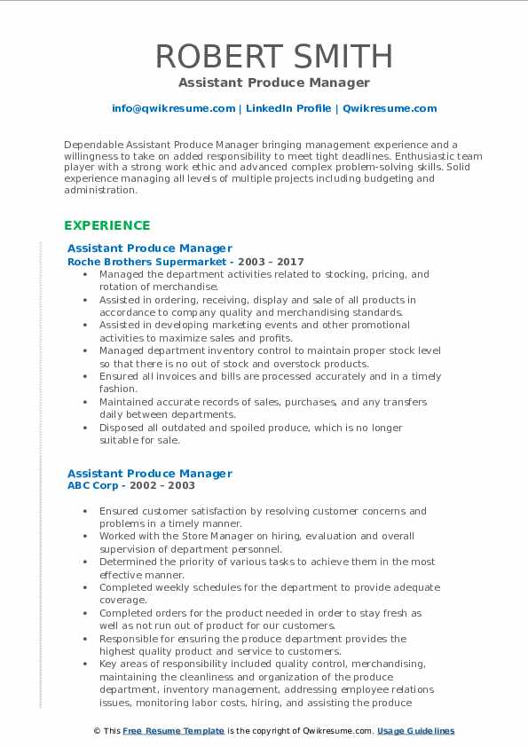 Assistant Produce Manager Resume Samples QwikResume