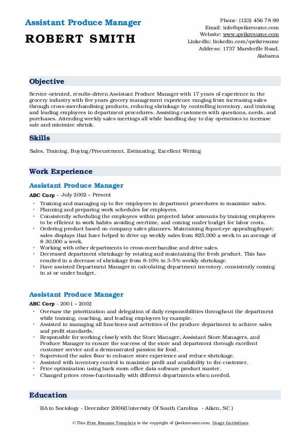 assistant produce manager resume samples qwikresume employee resume