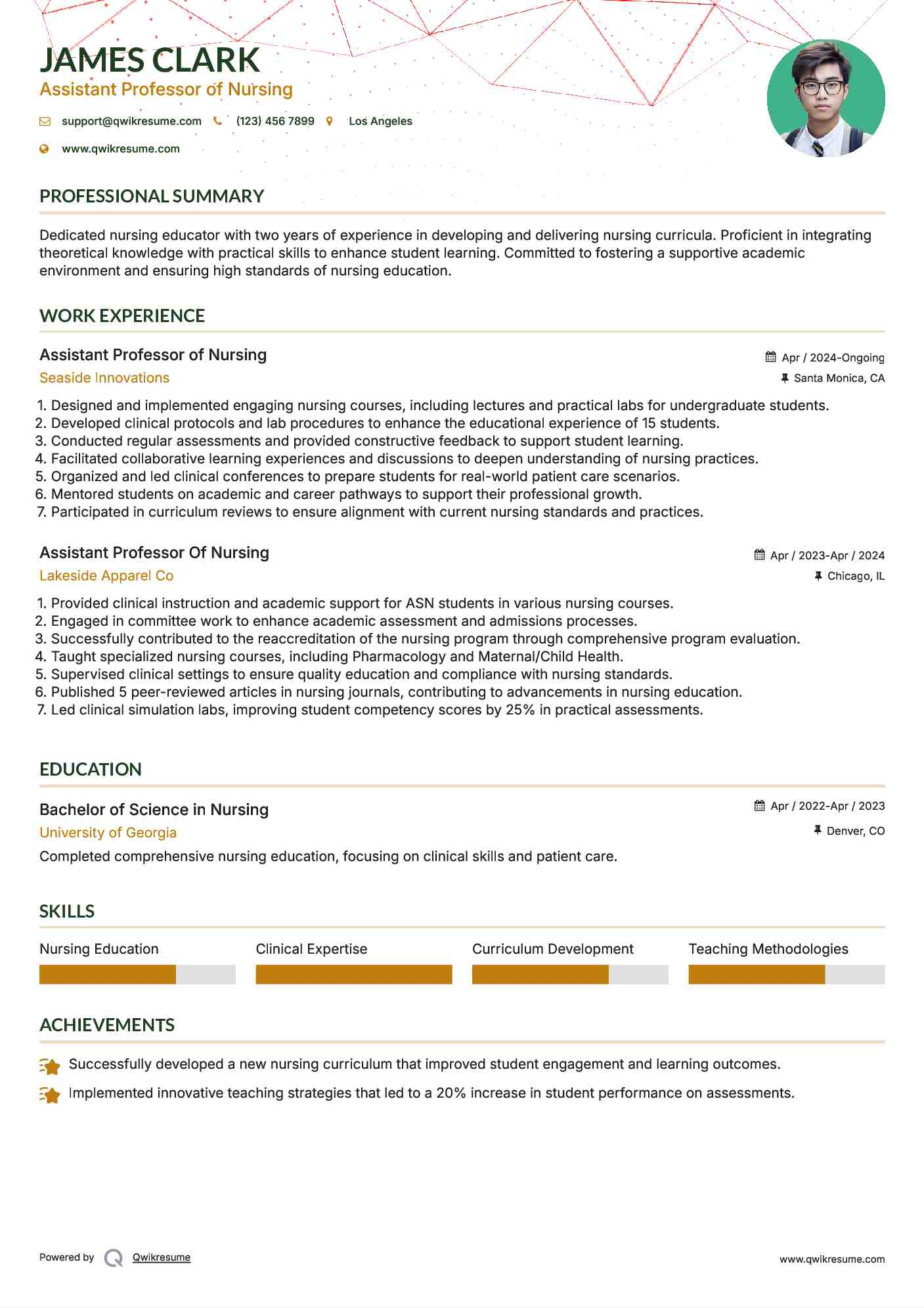 Assistant Professor of Nursing Resume Example