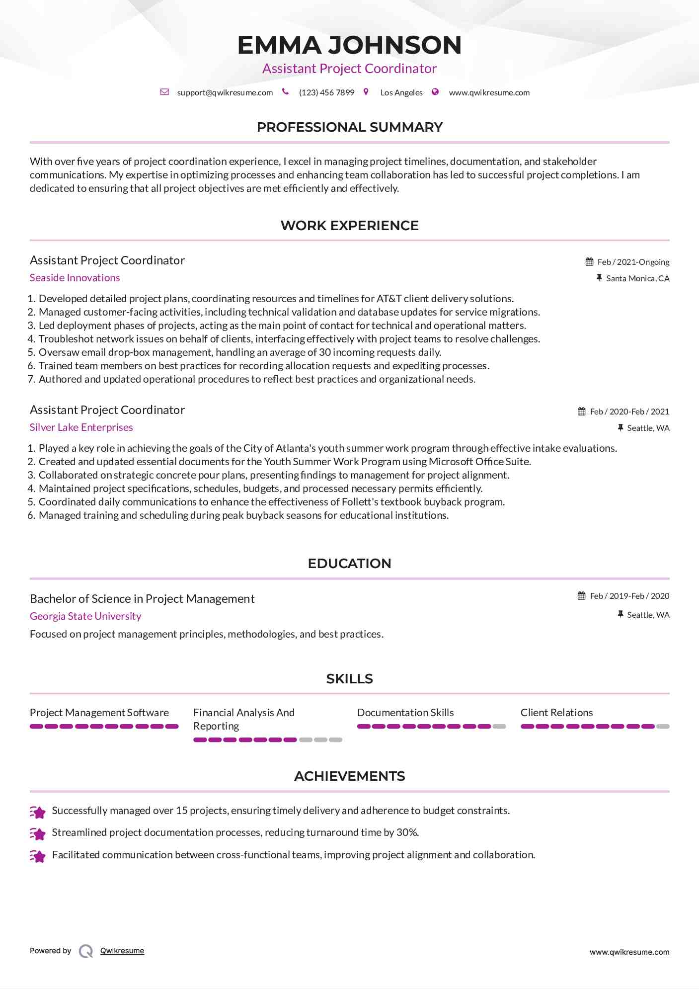 Assistant Project Coordinator Resume Format
