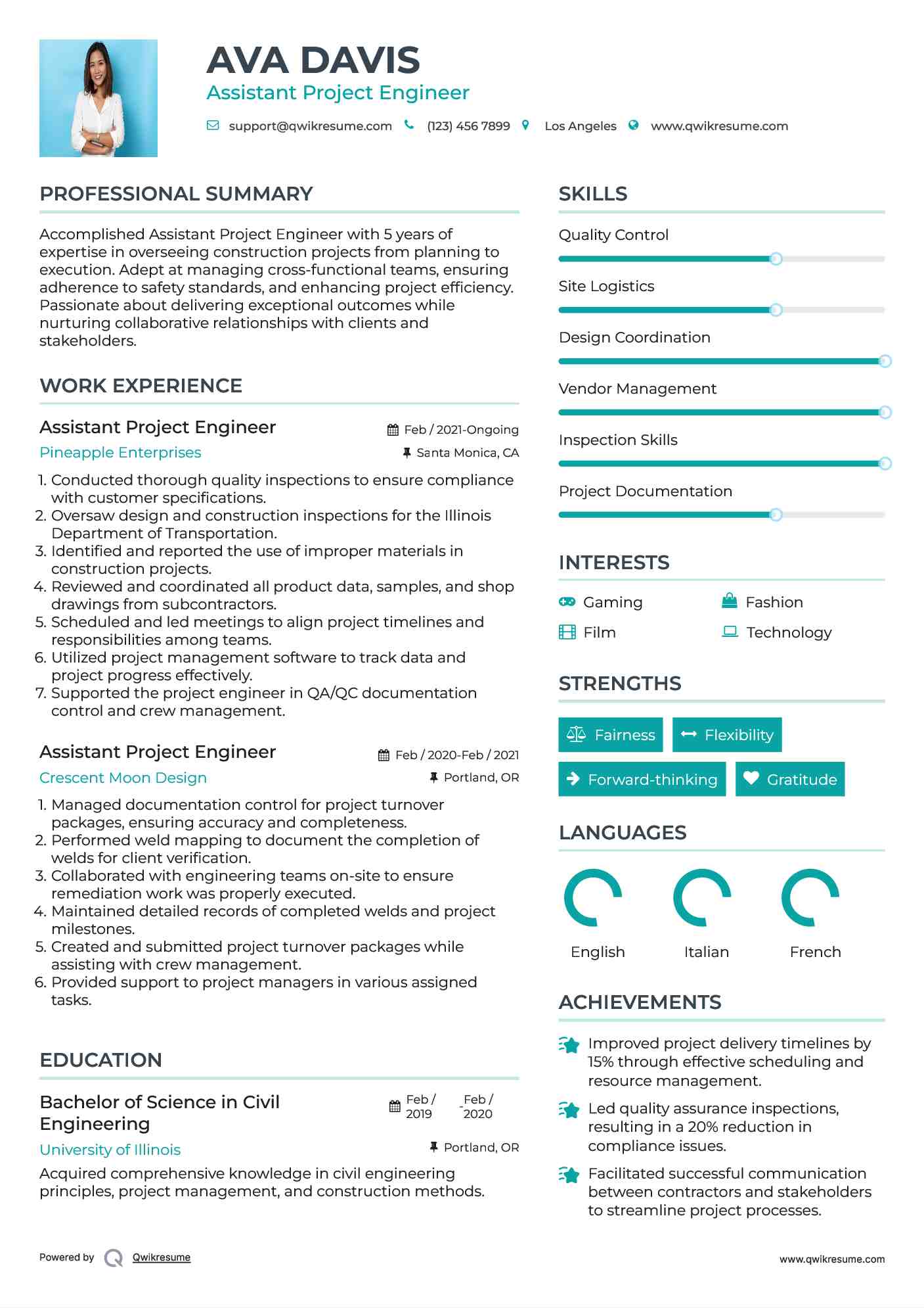 Assistant Project Engineer Resume Example