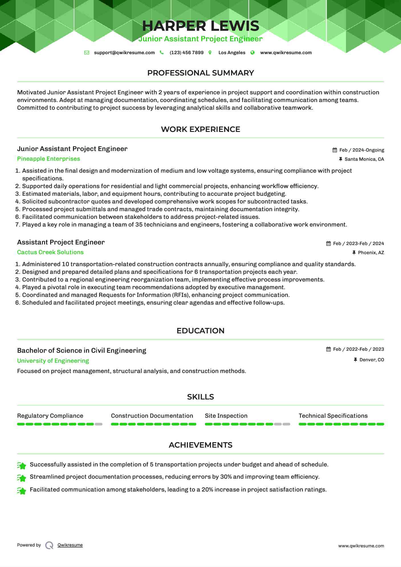 Junior Assistant Project Engineer Resume Example