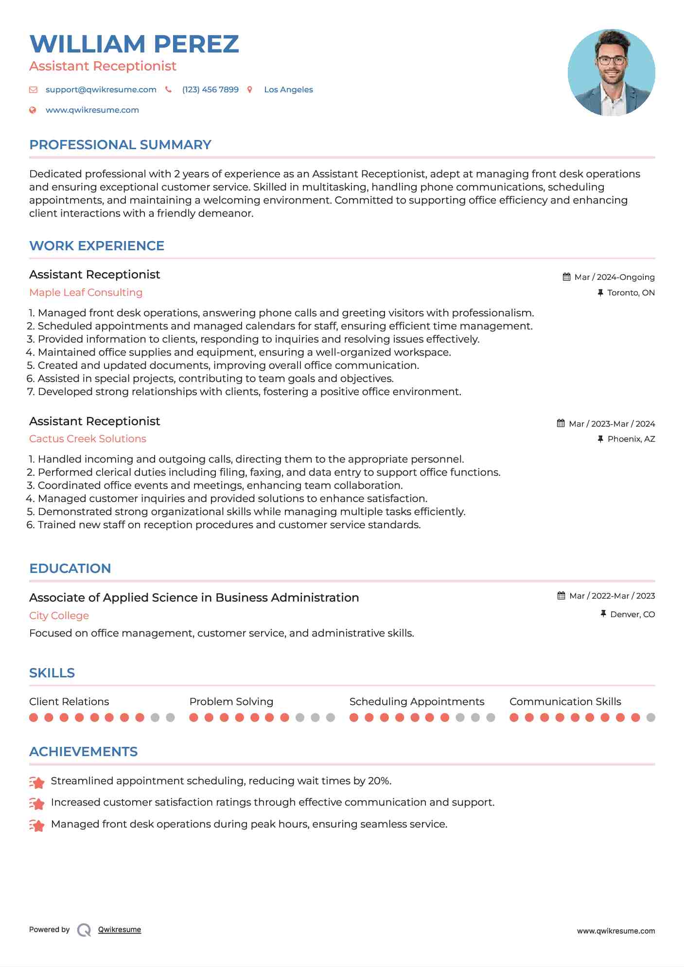 Assistant Receptionist Resume Example