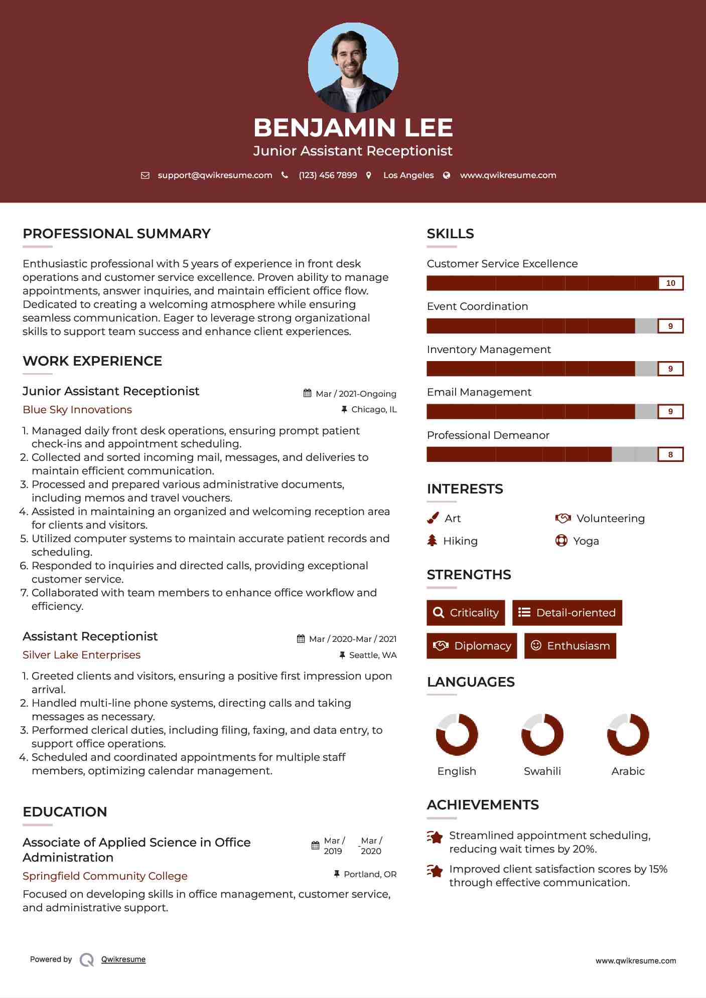 Junior Assistant Receptionist Resume Example